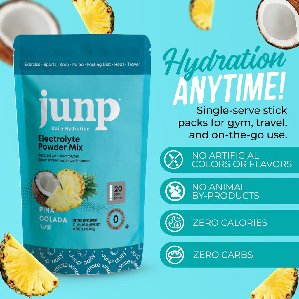 JUNP Sugar Free Electrolytes Powder Packets for Water Instant Hydration Packets with Salt & Potassium, Zero Calorie, No Carbs No Sugar Electrolyte Drink Mix Sticks, Keto Friendly, Pina Colada 20 Pack