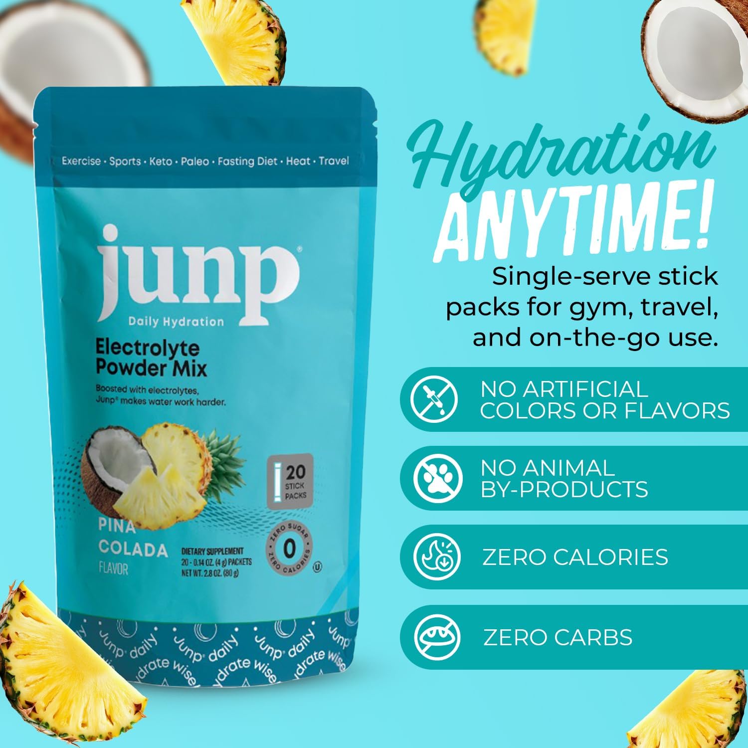 JUNP Sugar Free Electrolytes Powder Packets for Water Instant Hydration Packets with Salt & Potassium, Zero Calorie, No Carbs No Sugar Electrolyte Drink Mix Sticks, Keto Friendly, Pina Colada 20 Pack