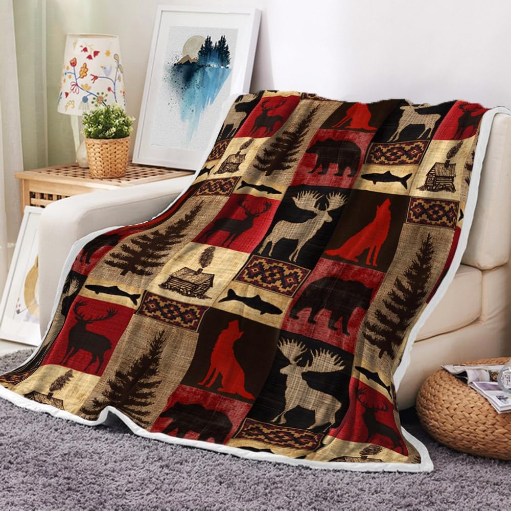 Torich Rustic Cabin Throw Blankets, Country Vintage Bear Moose Wood Cozy Warm Bed Couch Blanket, Farmhouse Hunting Camping Forest White Fleece Flannel Throws to Decorate The Room and Bedroom