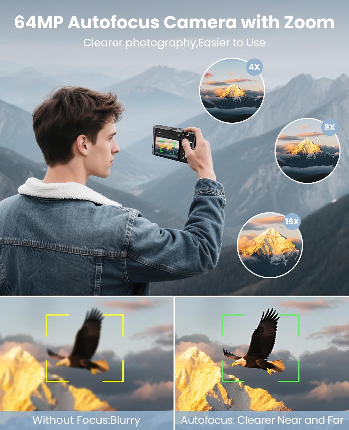 4K Digital Camera for Photography Autofocus, 64MP Dual-Lens Vlogging Camera for Video Anti-Shake, 3'' Selfie Flip Travel Cameras for YouTube, 16X Zoom Digital Camera with Flash Dial Battery Stand