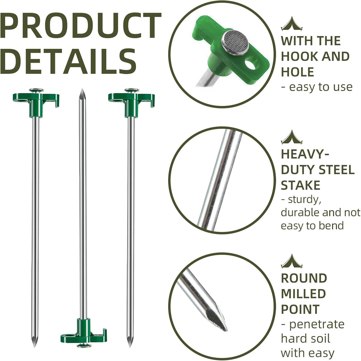 50 Pack Tent Stakes Heavy Duty 10 Inch Camping Stakes Yard Stakes Metal Tent Pegs for Ground Stakes Tent Spikes for Camping Garden Yard (Green)