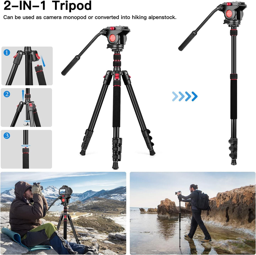 Victiv Video Tripod, 72" Heavy Duty Fluid Head Camera Tripod with Carry Bag