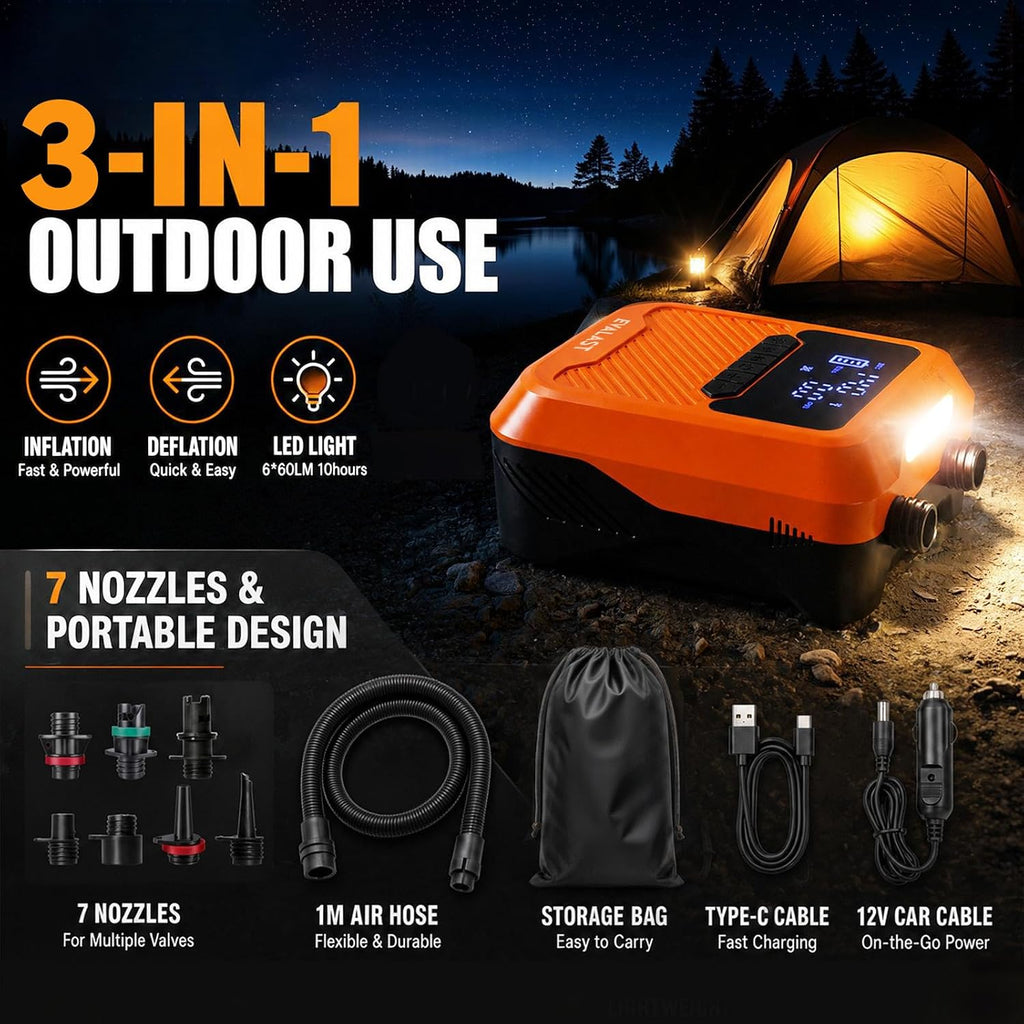 20 PSI Electric Paddle Board Pump, Rechargeable & 12V Car Power