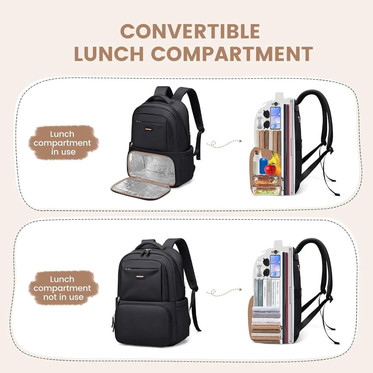 GOLF SUPAGS Lunch Backpack 16 Inch Laptop Backpack with Insulated Cooler Lunch Box Food Bag for College Work Camping Picnics (Black)