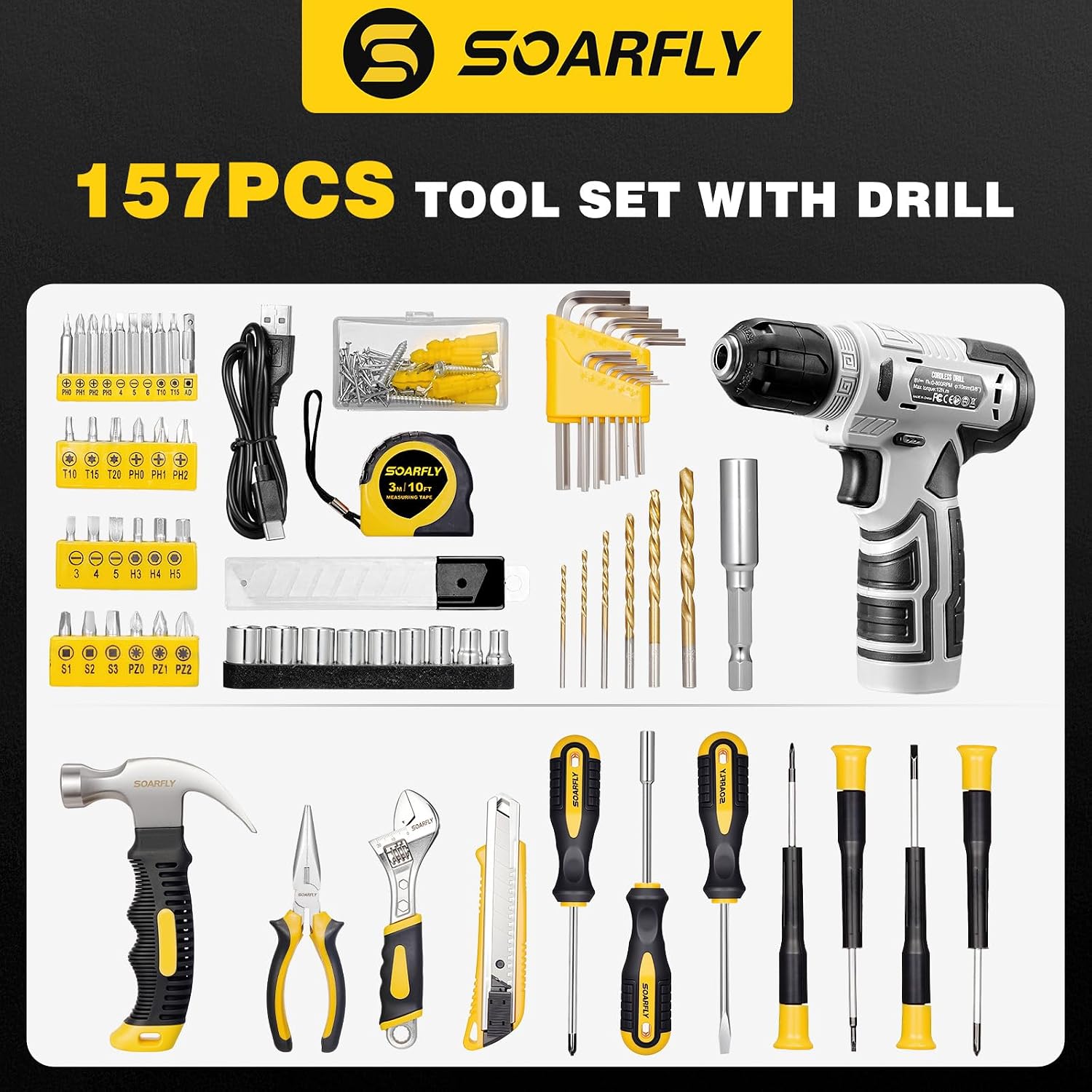 157-Piece Tool Set, 8V Cordless Drill Set, Hand Tool Kit for Men and Women
