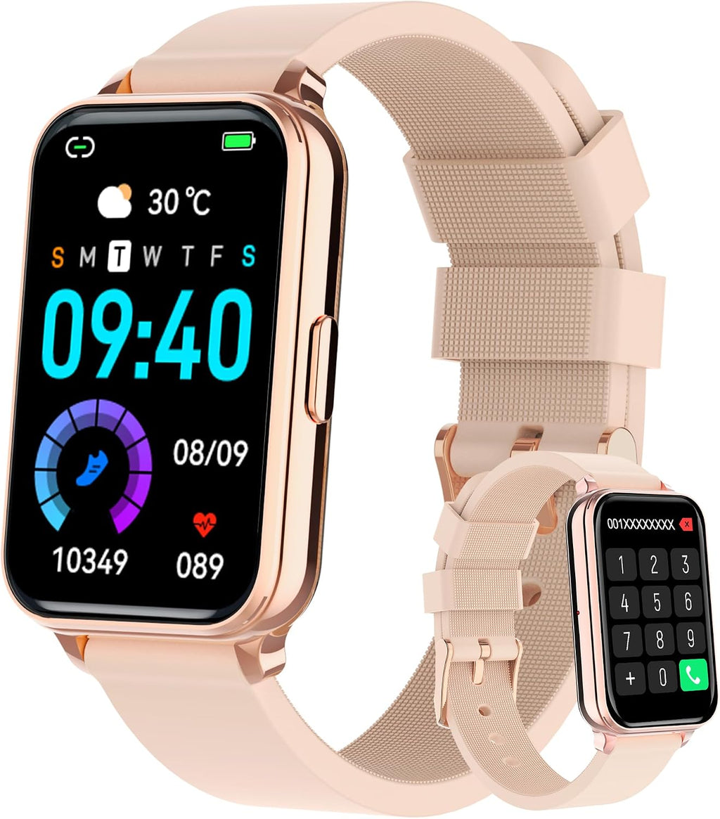 Smart Watch Fitness Tracker Make/Answer calls for Women Men with Heart Rate Blood Oxygen Sleep Monitor Sports Modes Step Calorie Counter IP68 Waterproof for Android Phones iPhone (Rectangle, Pink)