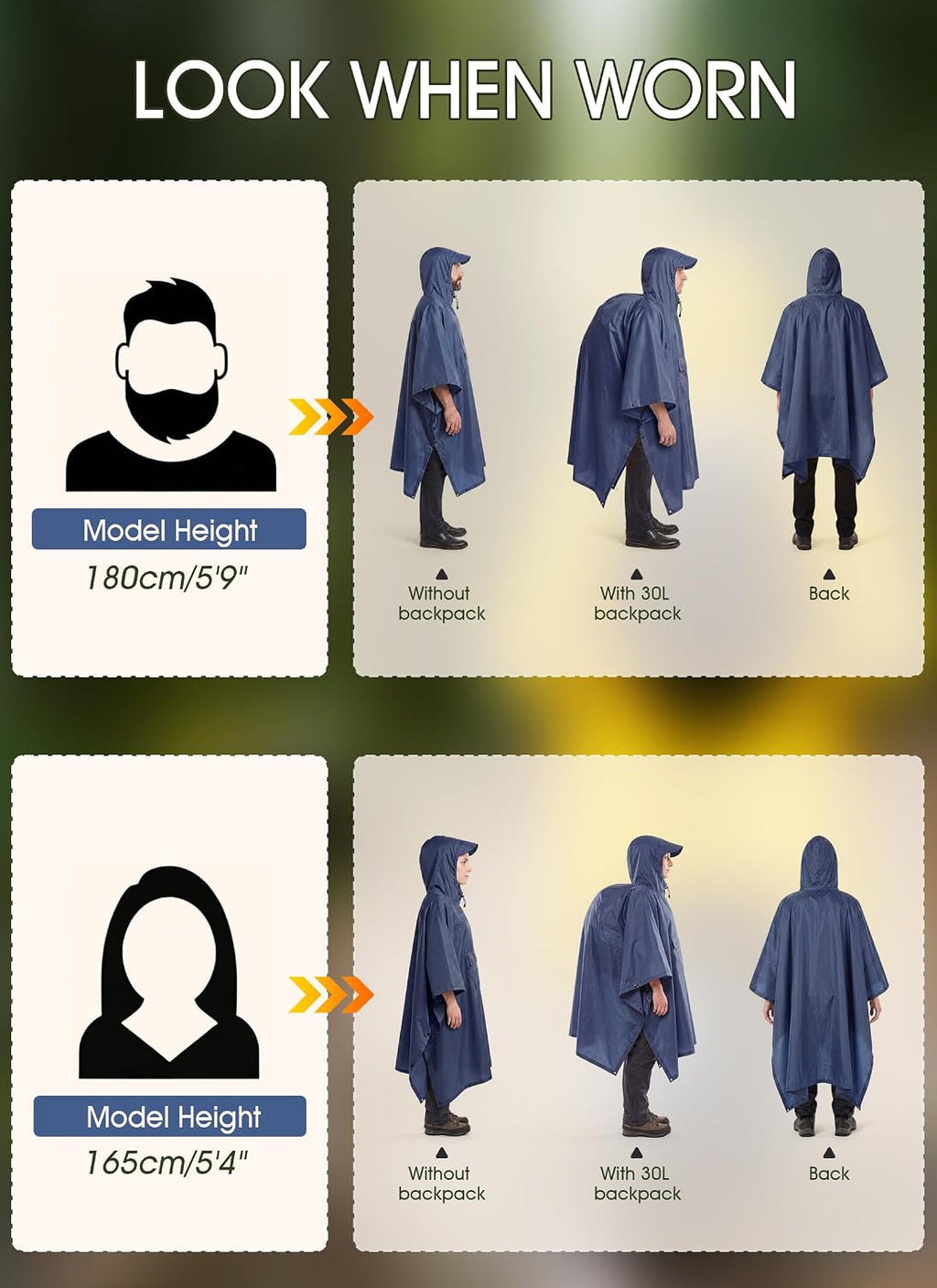 TOMSHOO Multifunctional Raincoat with Hood Waterproof for Adults