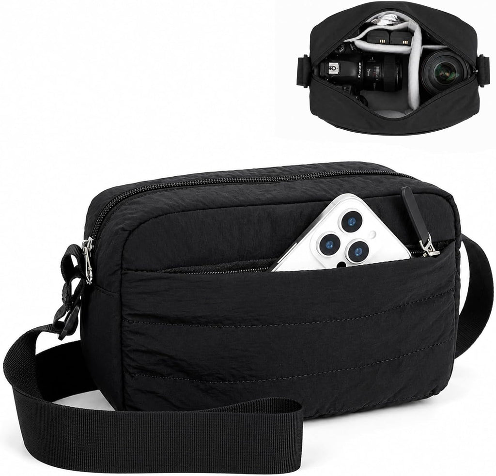 FHELAD Small Crossbody Bag for Women, Compact Puffer Camera Bag With Padded and Theft Zipper for Photographer, Travel (Coffee)