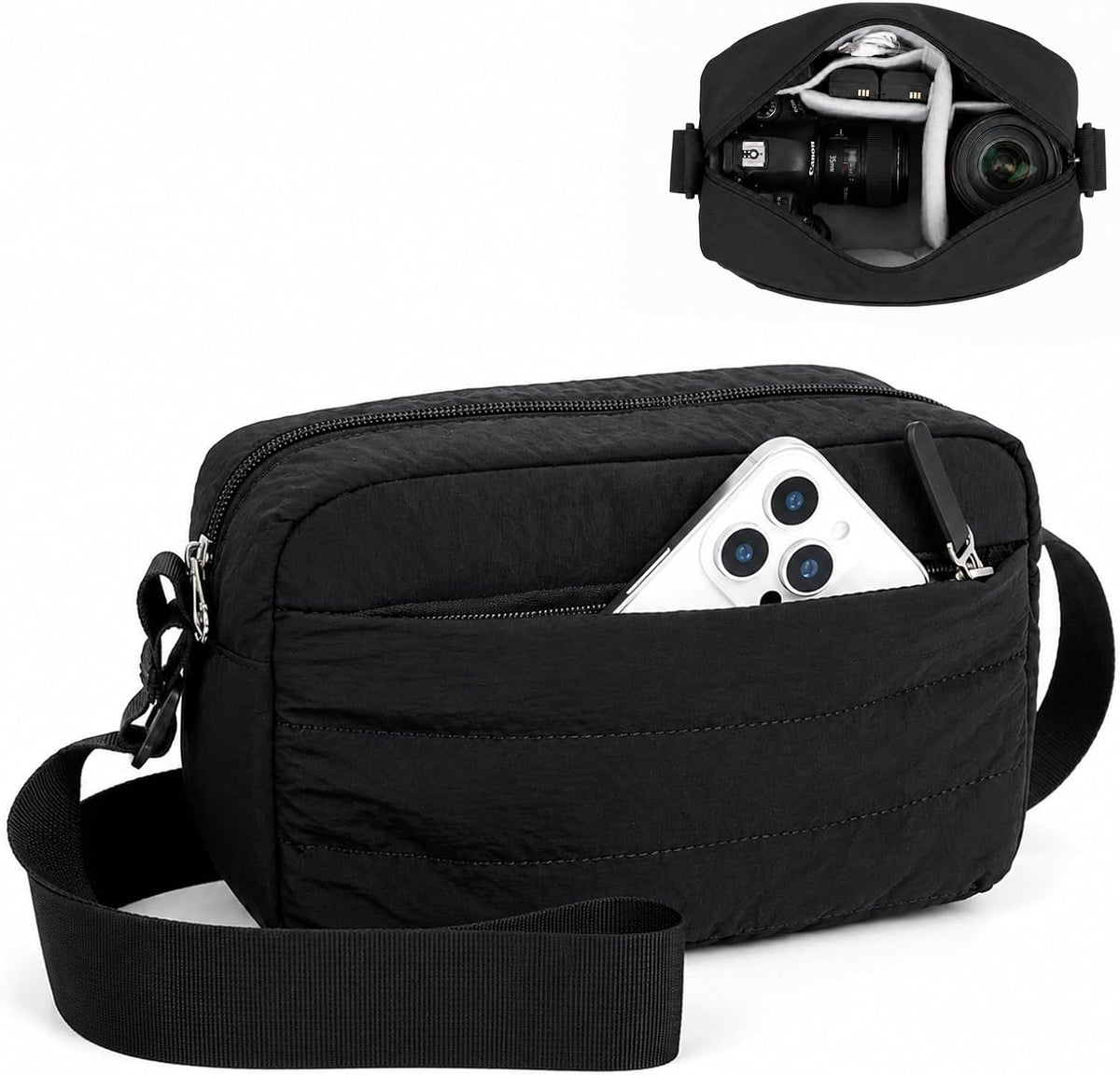 FHELAD Small Crossbody Bag for Women, Compact Puffer Camera Bag With Padded and Theft Zipper for Photographer, Travel (Coffee)