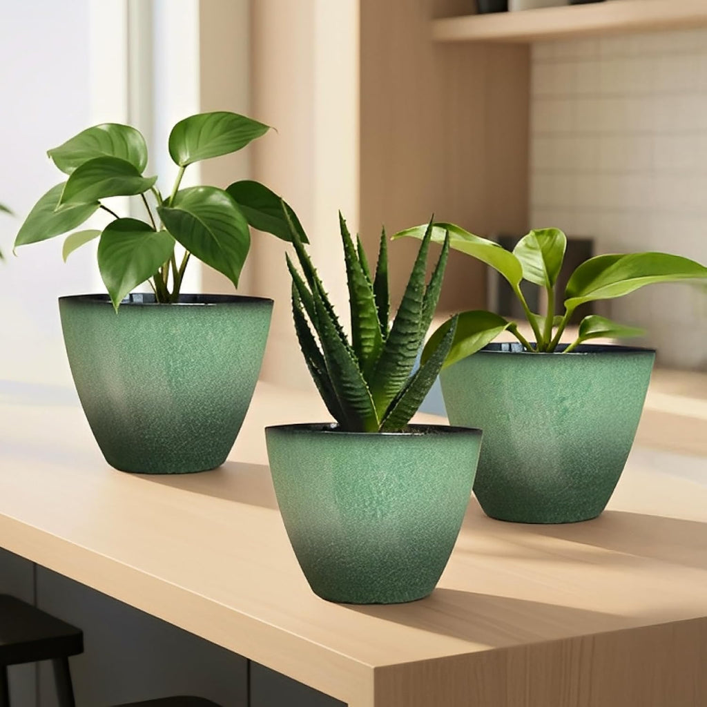 Vanslogreen 2 Pack Plant Pots for Indoor Outdoor Plants, 8 inch Plastic Flower Pots, Glazed Planter for Aloe, Herbs, Cactus (Green, 2pcs)