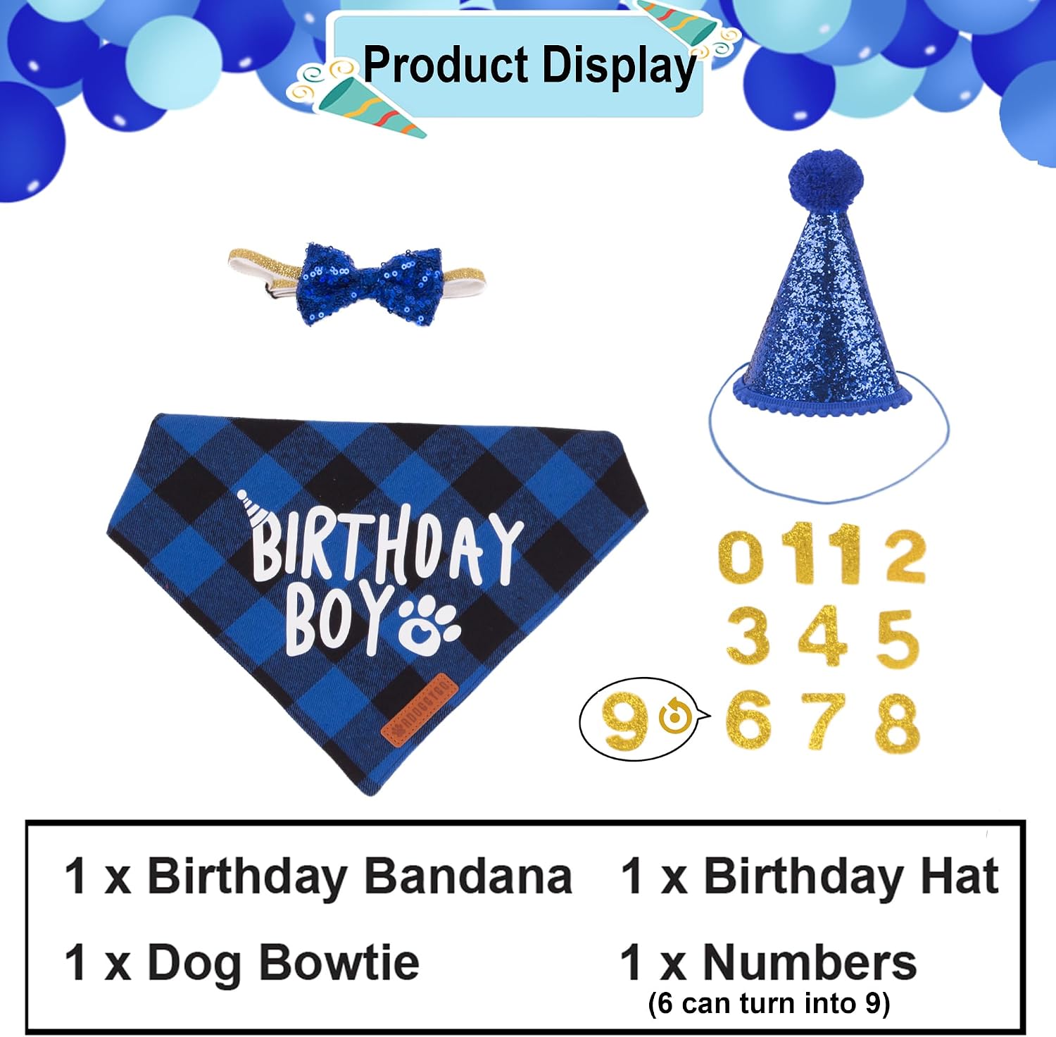 ADOGGYGO Dog Birthday Hat Bandana Set, Blue Plaid Boy Dog Bandana, X-Large