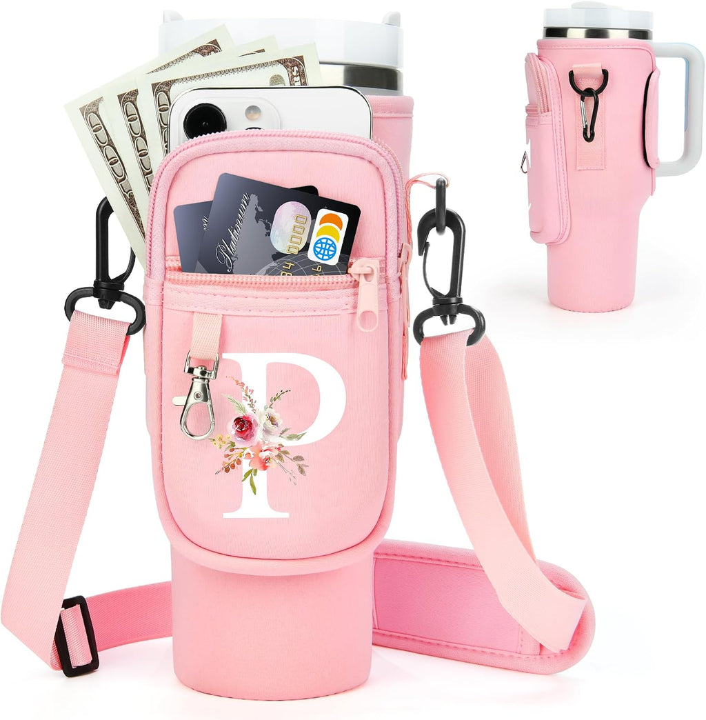 Initial Water Bottle Holder with Strap for Stanley Cup Accessories 40 oz/Simple Modern Tumbler, Birthdays for Women Girls, Water Bottle Carrier Bag with Phone Pocket,Hiking Walking Gym Camping