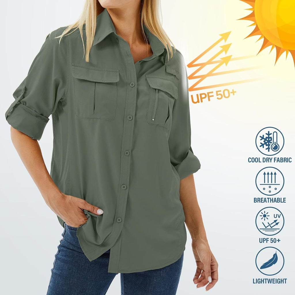 Women's UPF 50 Long Sleeve Sun Protection Safari Fish Hiking Shirts