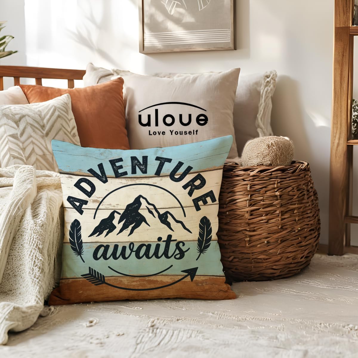 ULOVE LOVE YOURSELF Camping Throw Pillow Covers 4Pack Adventure Awaits Decorative Pillowcases Happy Campers Cushion Covers 18 X 18 Inch for Camper, Cabin Home Decor(Blue/Brown)