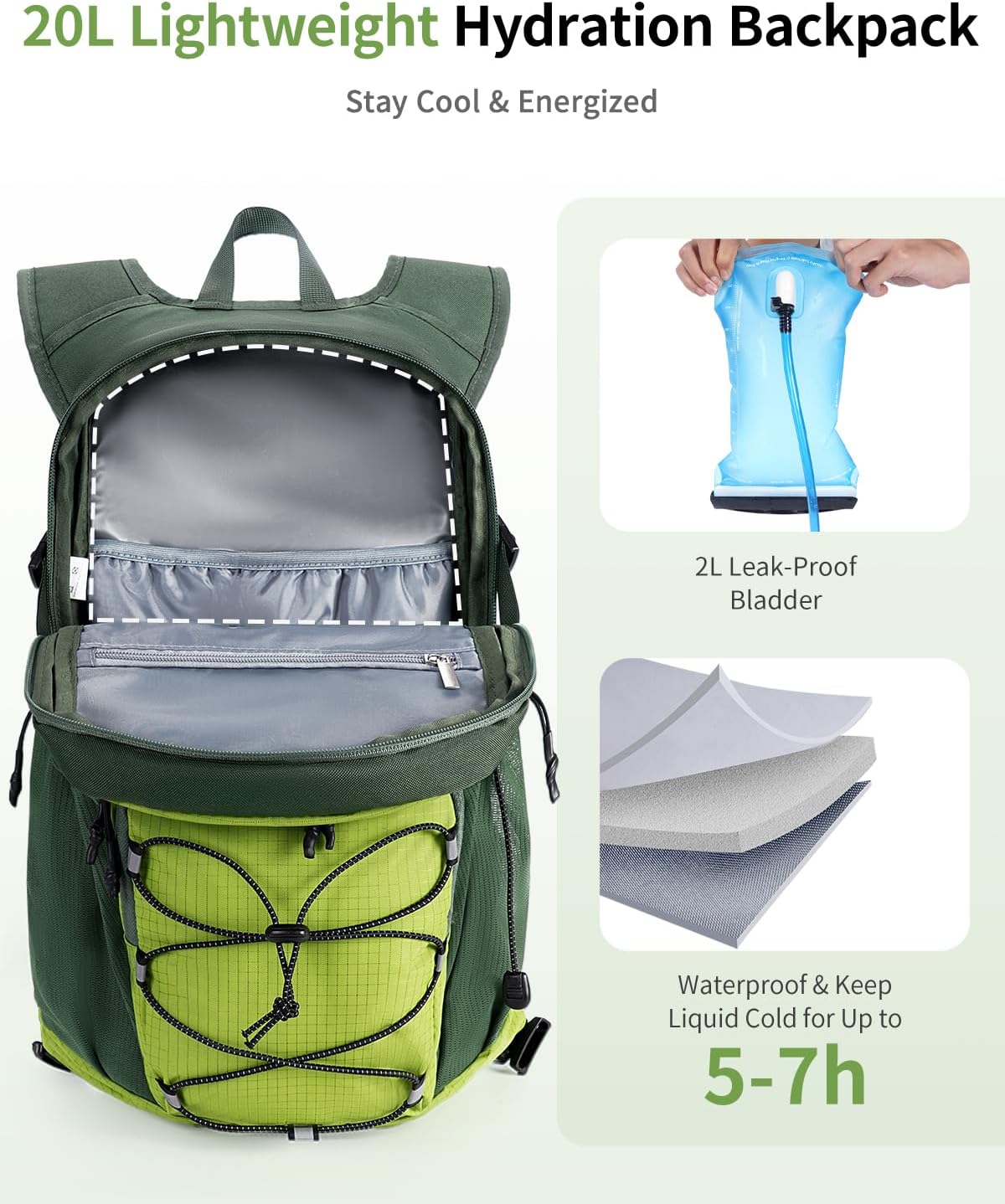 ECOHUB 20L Lightweight Hydration Backpack with 2L Water Bladder&Waist Pack