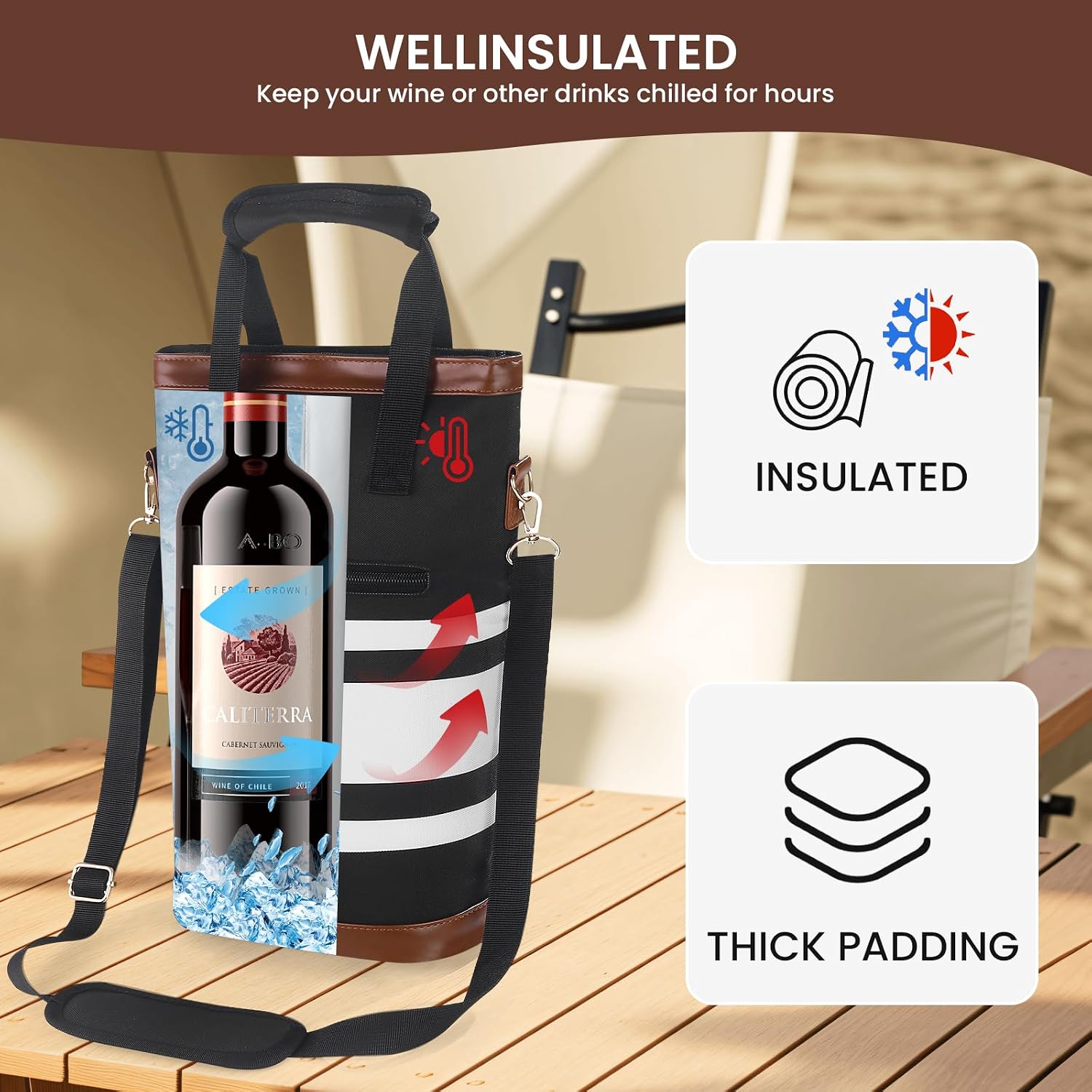 BLUBYEES 2-Bottle Insulated Wine Carrier Tote - Leakproof Padded 900D Oxford Cooler Bag for Travel, Picnics, Beach & Parties