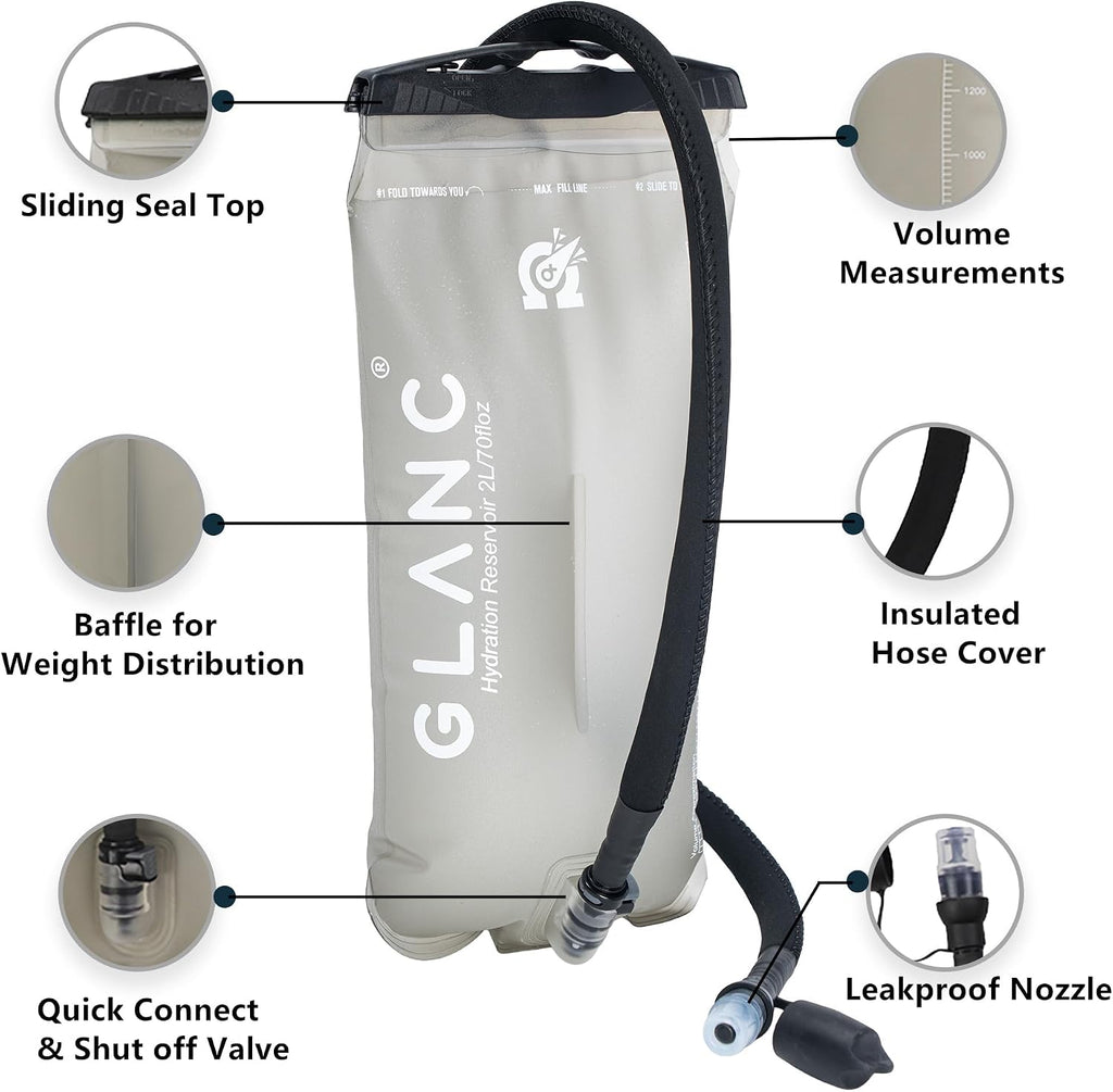 GLANC Hydration Bladder - 2L Water Bladder with Cleaning Kit for Outdoor Hiking Backpack, BPA Free Leakproof Water Reservoir for Hydration Pack, Insulated Hose & High Flow Bite Valve