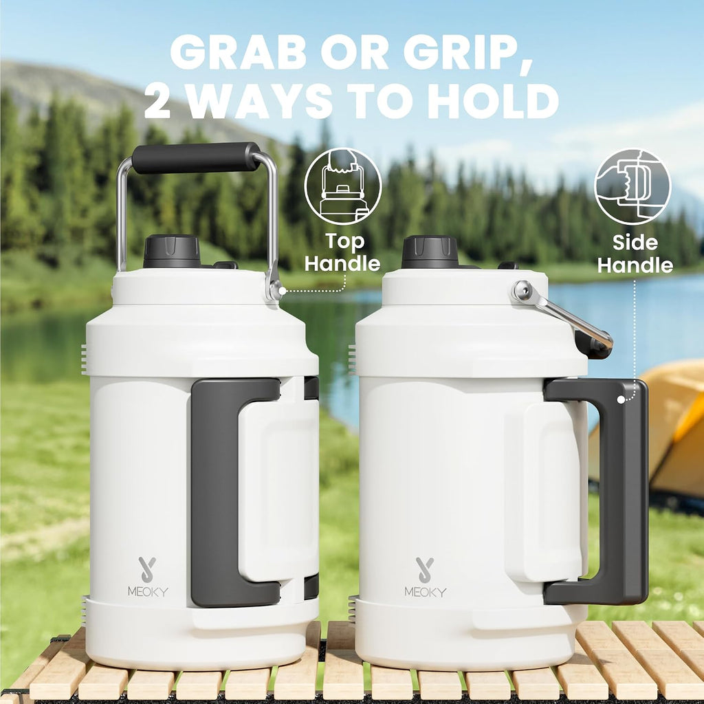 1 Gallon Insulated Water Bottle for Sports: Meoky 128 oz Triple Wall Vacuum Stainless Steel Water Jug - Top and Side Handles, Cold for 48 Hrs, 2-in-1 Straw and Spout Lid, Leak Proof for Hiking (Ivory)