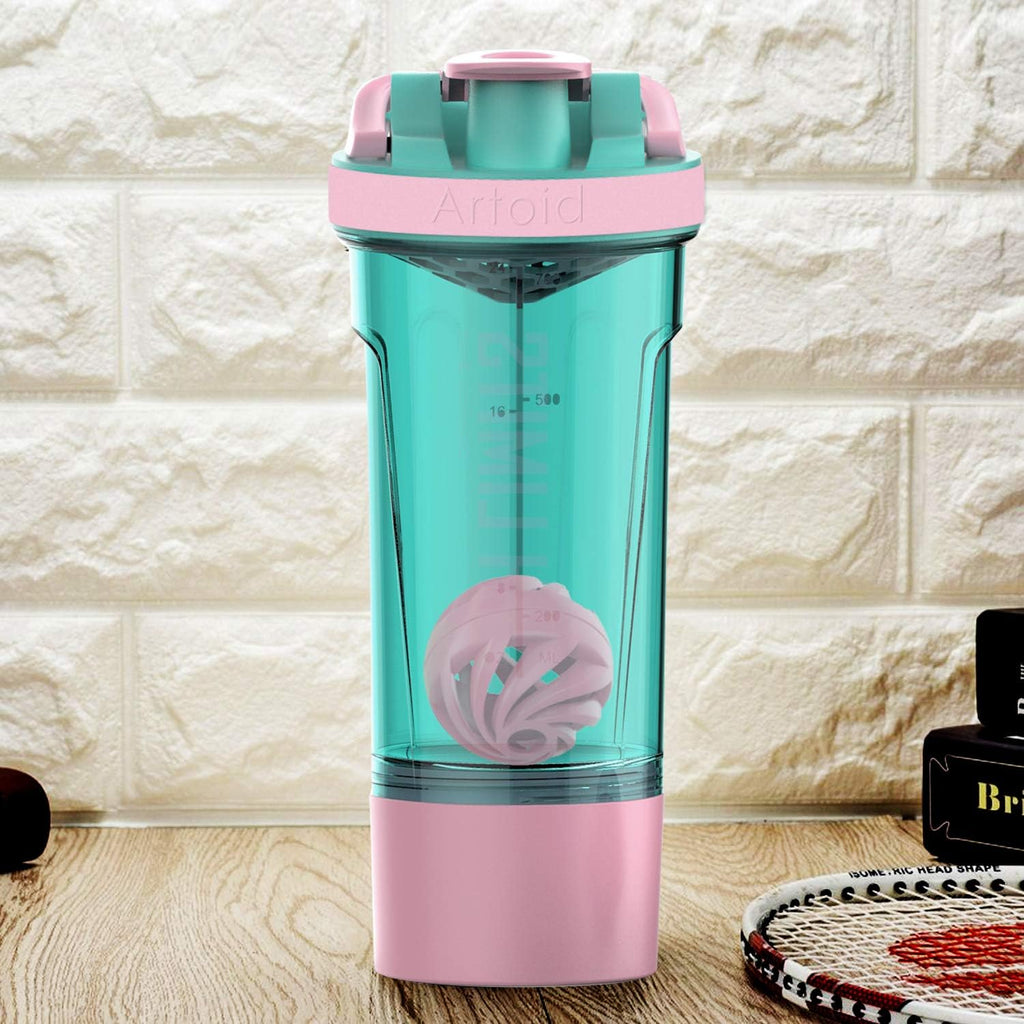 Artoid Mode Fitness Workout Sports Protein Shaker Bottle 24-Ounce, Dual Mixing Technology with Shaker Balls & Mixing Grids Included, Twist and Lock Protein Box Storage Included