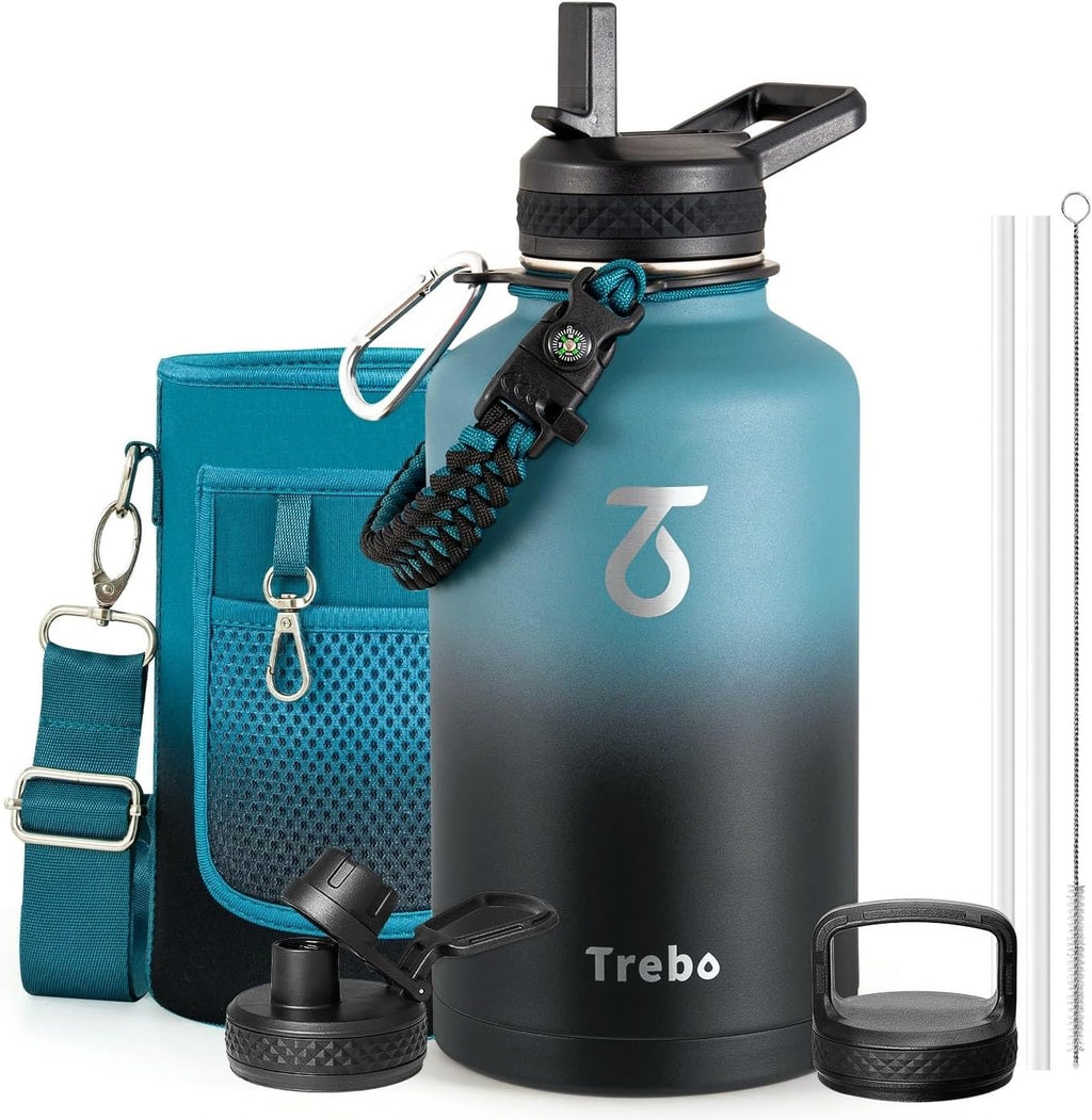 Trebo 64 oz Water Bottle Stainless Steel with 3 Lids, Paracord Handle & Bag