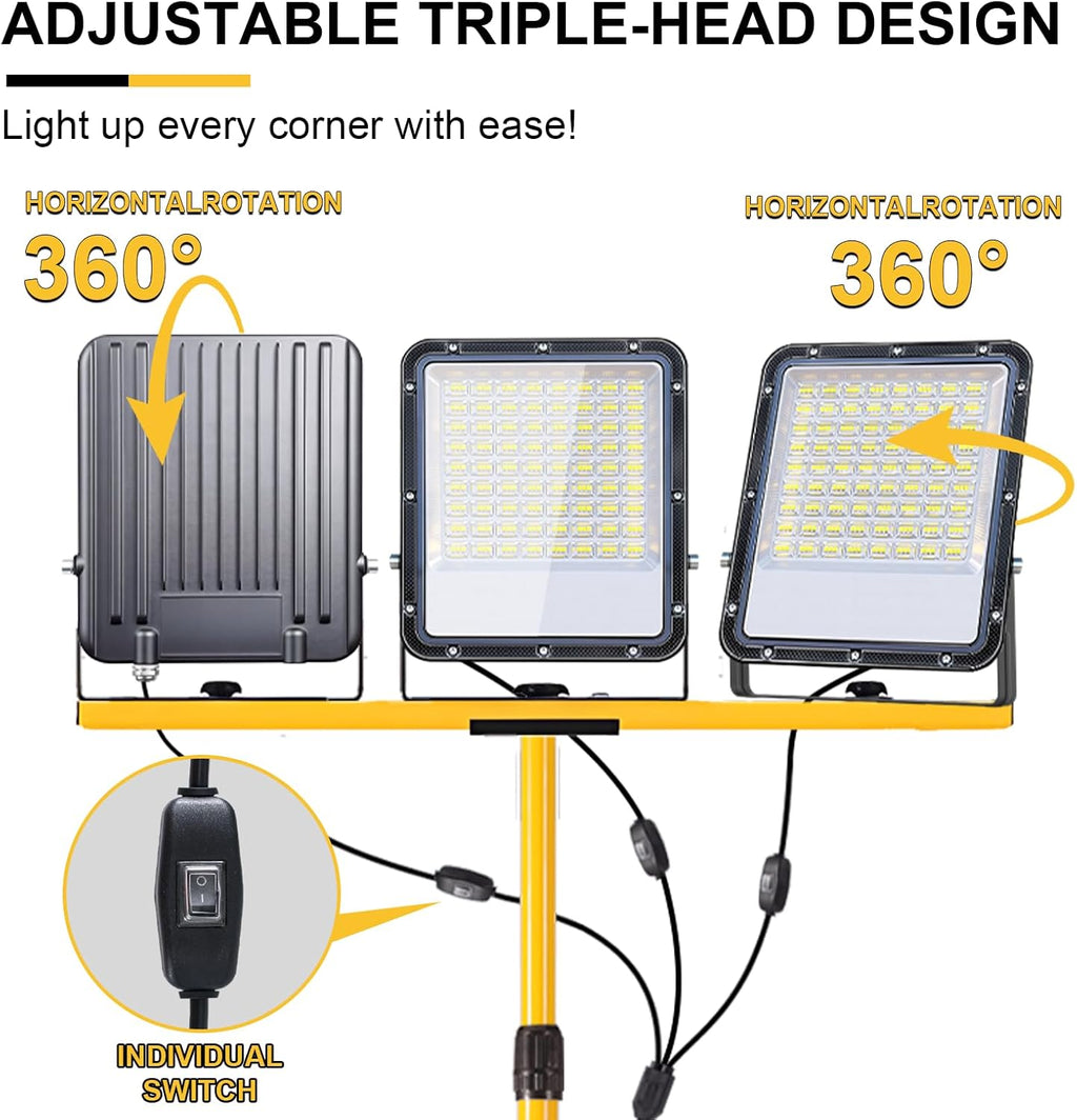 50000Lumen LED Work Lights with Stand - 3 Head Portable Work Light with IP65 Waterproof, Adjustable Stand, 16ft Cord for Construction Sites, Garage, Warehouse Lighting - Indoor Outdoor