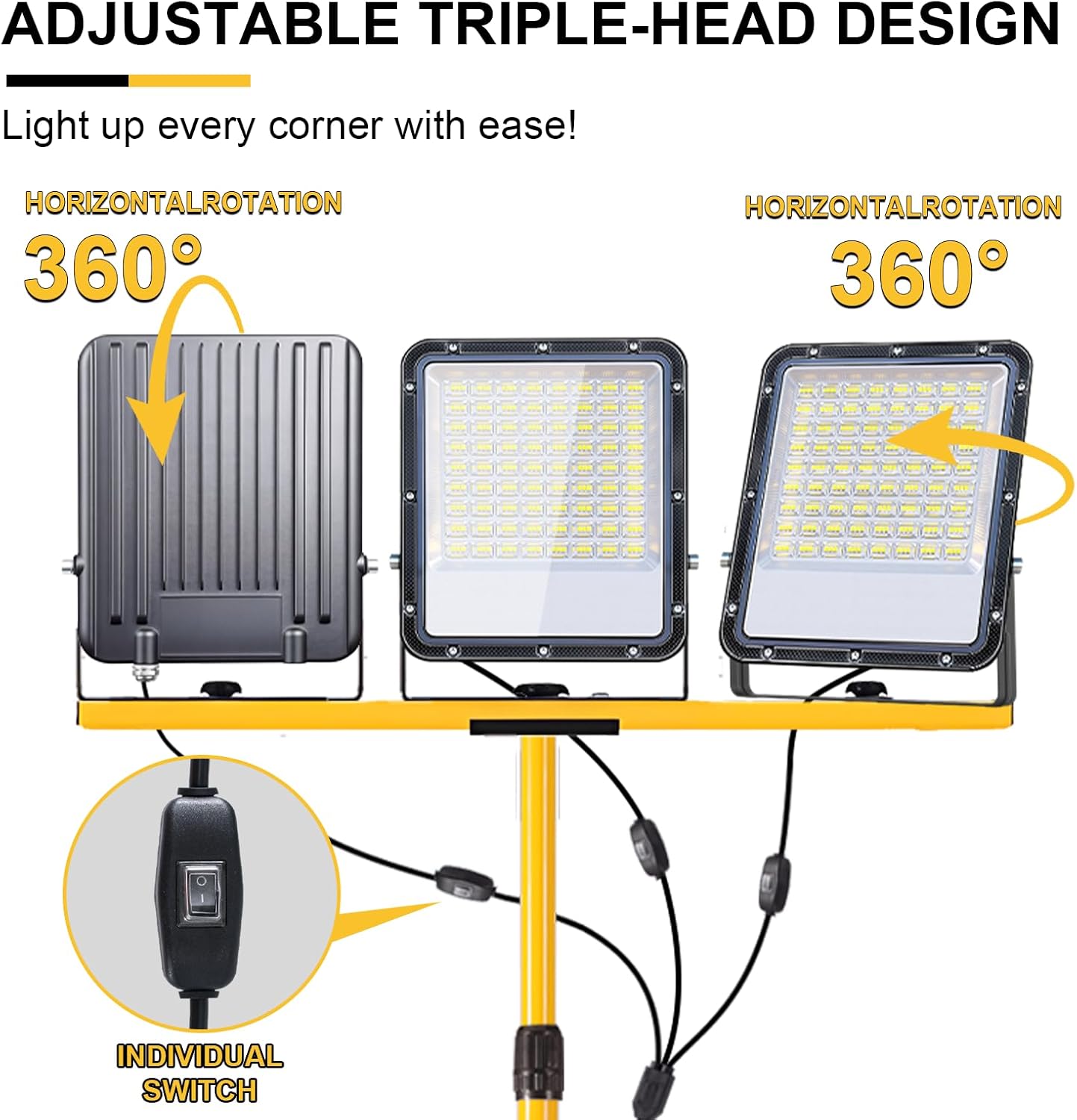 50000Lumen LED Work Lights with Stand - 3 Head Portable Work Light with IP65 Waterproof, Adjustable Stand, 16ft Cord for Construction Sites, Garage, Warehouse Lighting - Indoor Outdoor