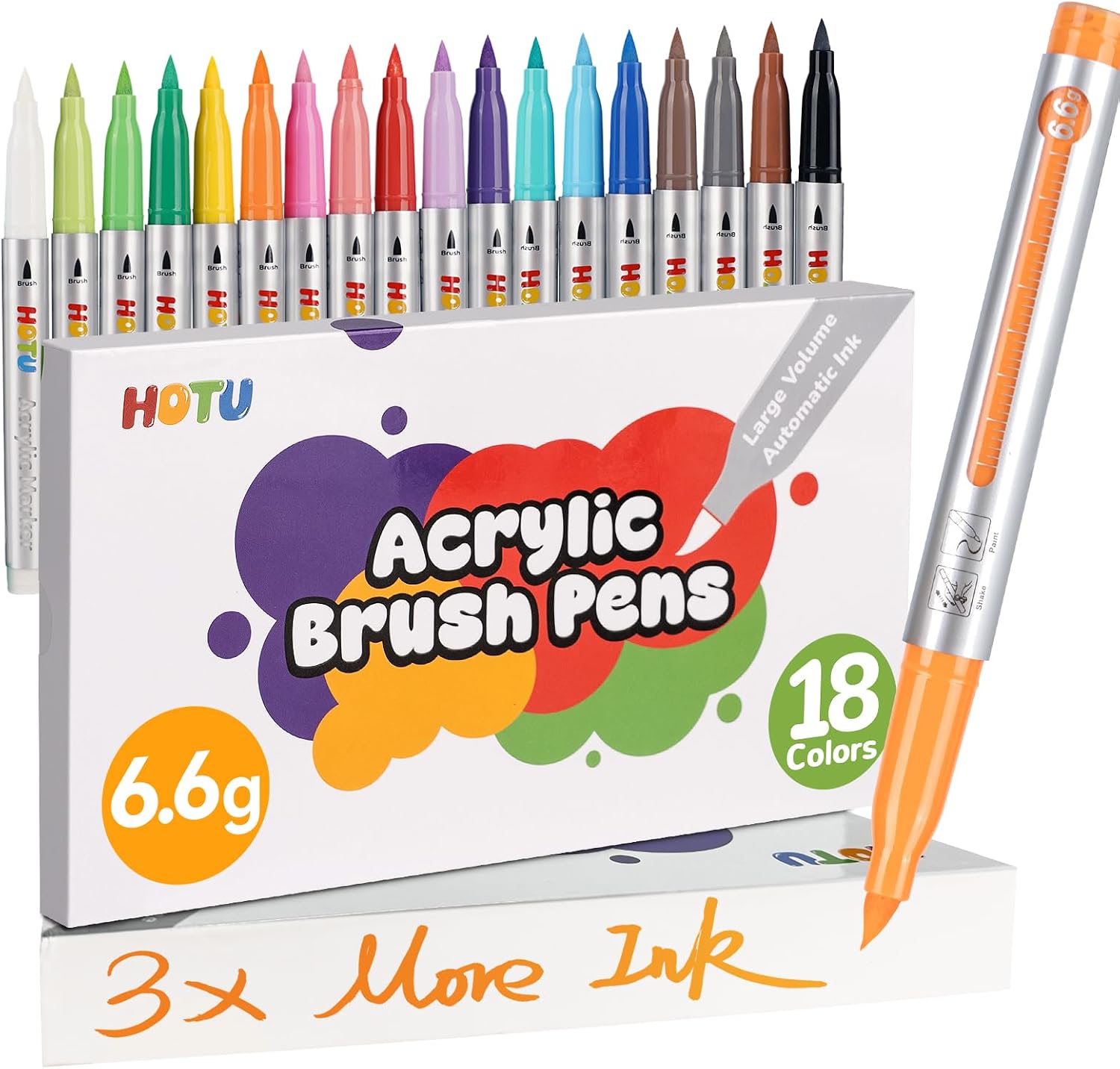 HOTU Long Lasting Acrylic Paint Markers Brush Tip 18 Colors, Automatic Ink Control Acrylic Markers for Adults Coloring Book No bleeding, Paint Pens for Rock Painting Fabric Wood Eggs DIY Crafts