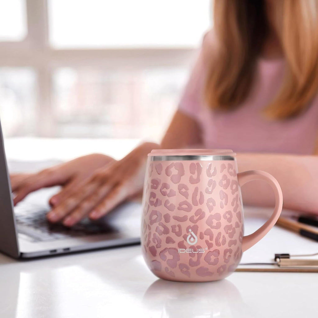 Ideus 16 oz Insulated Coffee Mug with Lid and Handle (Leopard Pink)