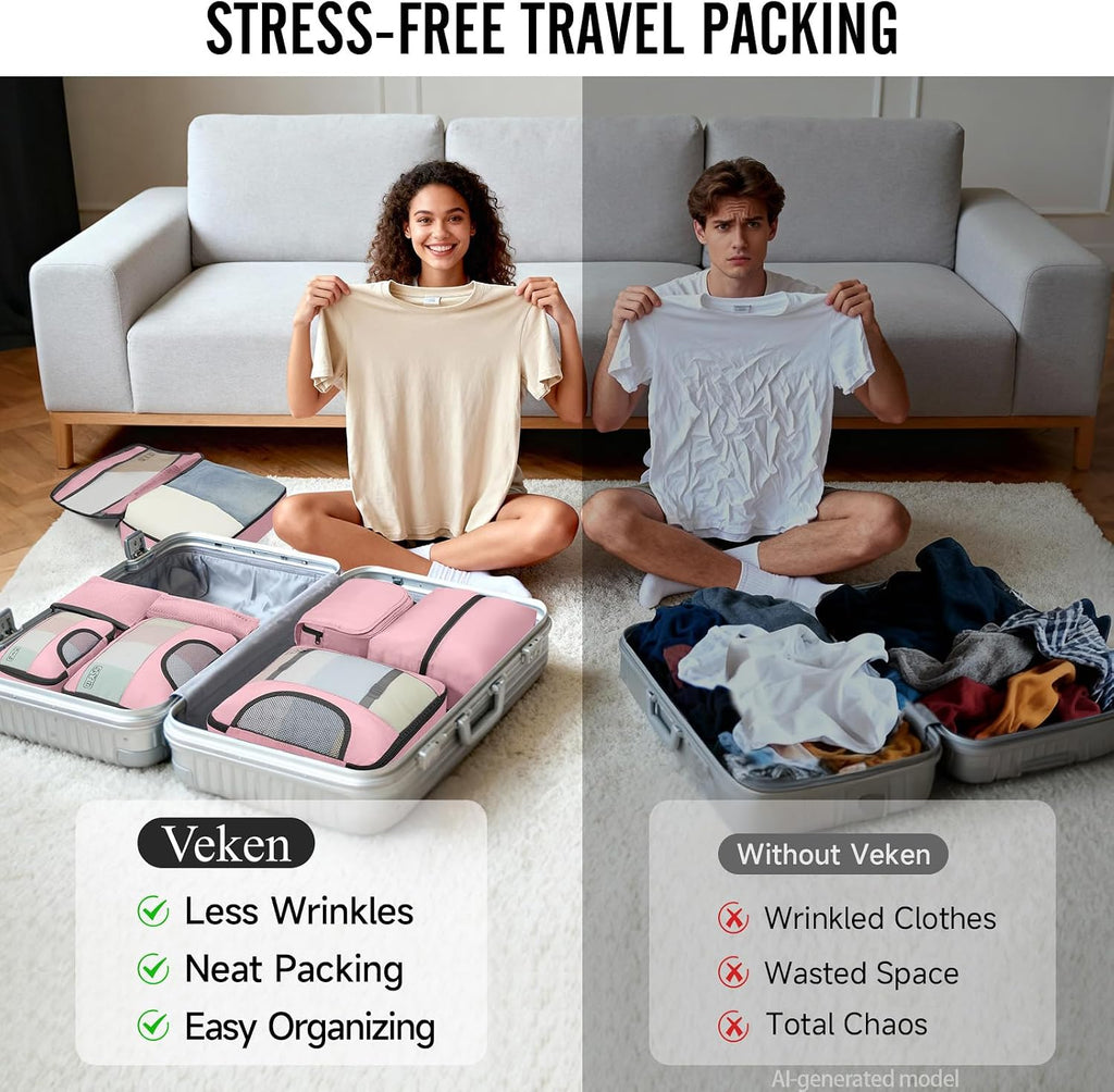 Veken 8 Set Packing Cubes for Travel Essentials,Anti-Wrinkle Buckled Suitcase Organizer for Shoe & Toiletry Bag,Carry On Luggage Bag with 99+ Count Mesh Holes for Airplane & College Dorm Accessories