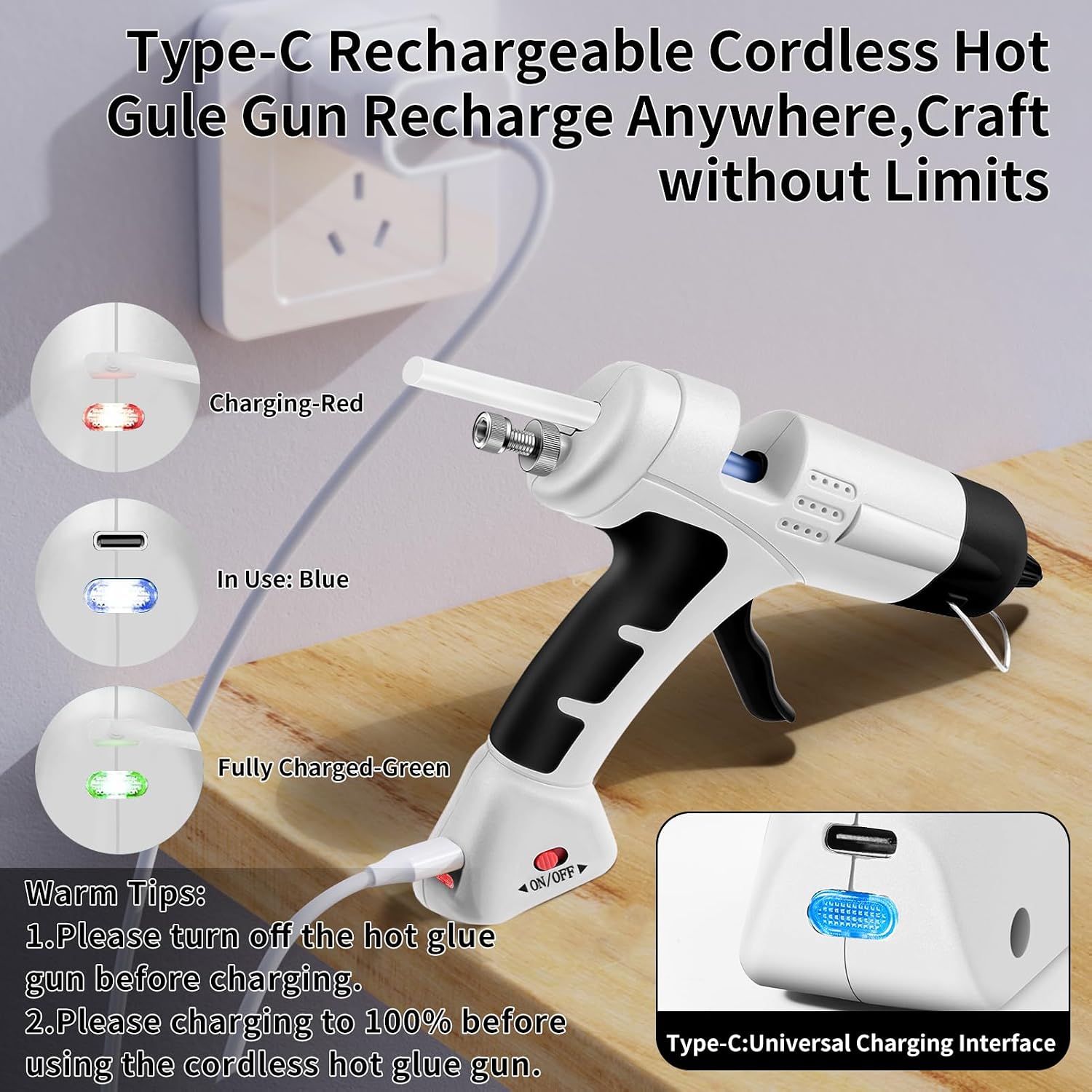 Cordless Hot Glue Gun,20W Glue Gun with 30 Glue Sticks,90S Fast Preheating,2600mAh USB-C Rechargeable Hot Melt Gun for DIY Crafts,Gift Making,Home Repairs & Decoration