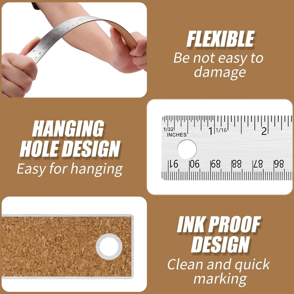 Metal Ruler 24 Inch, Non-Slip Cork Backing, Ink Bleed-Resistant Edge, 2 Pcs