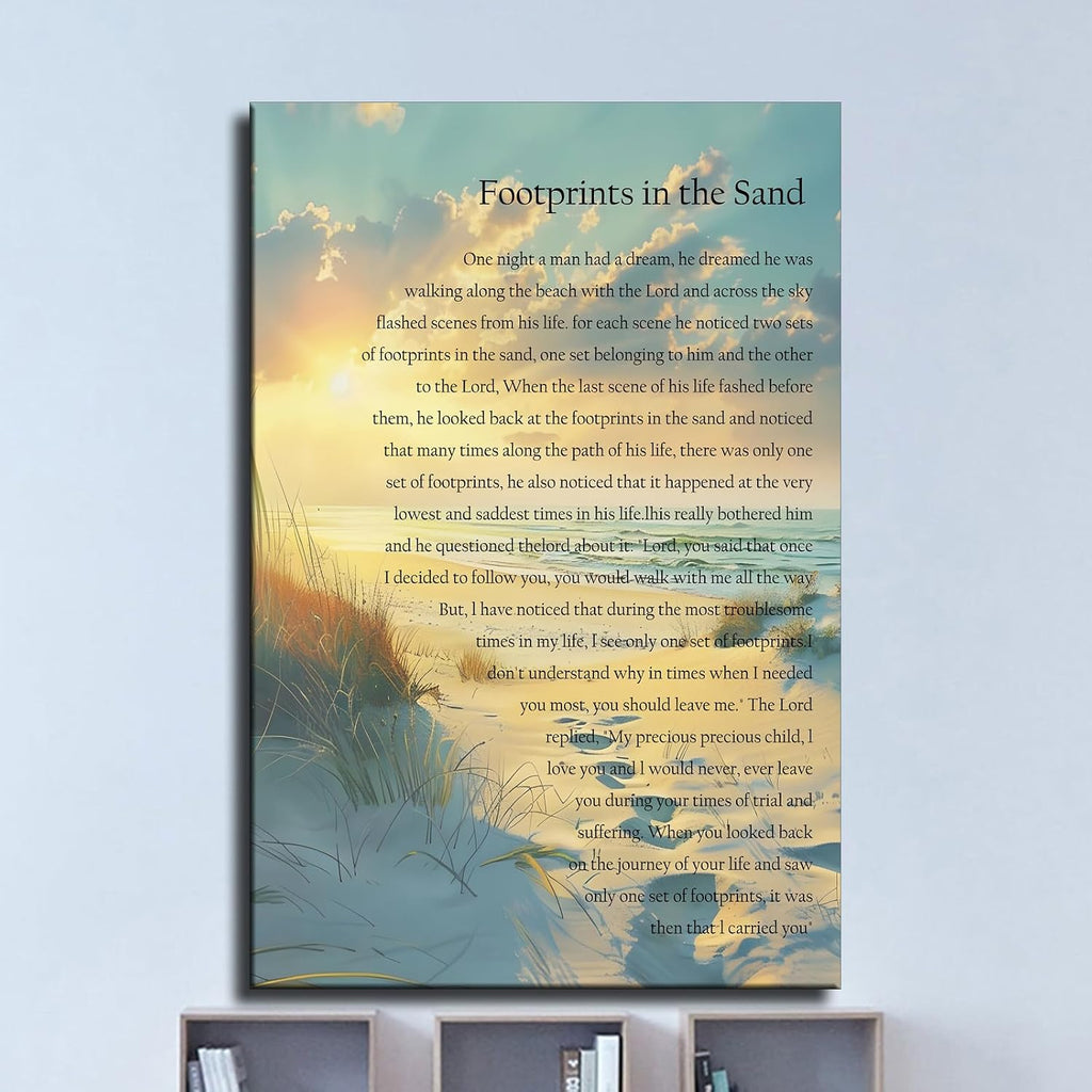 Footprints In The Sand Wall Art Religious Poem Poster Canvas Painting Picture Printing Living Room Bedroom Decoration Framed (16x24inch-Framed)