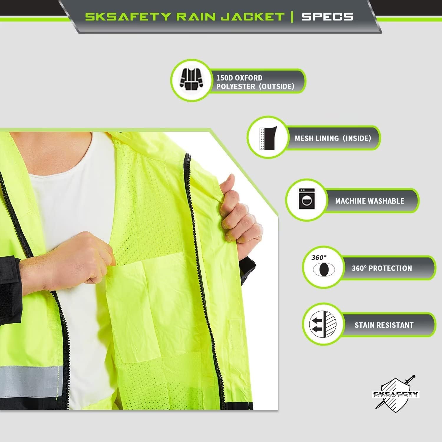 SKSAFETY Hi Vis Safety Rain Jacket for Men, Construction Work Rain Gear Heavy Duty Class 3 Rain Coat Waterproof Lightweight