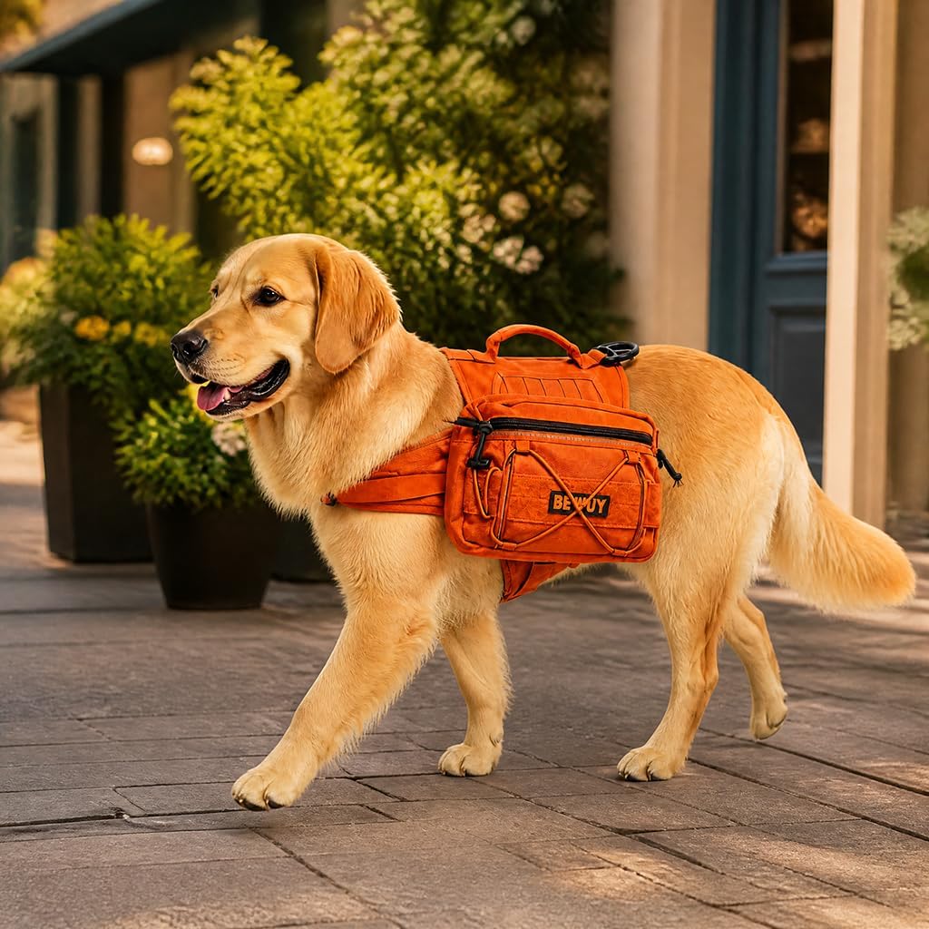 Tactical Dog Backpack for Medium Large Dogs, Reflective Pack Harness with Storage, Poop Bag Pocket, Includes Free Anti-Pull Leash (Orange, L)