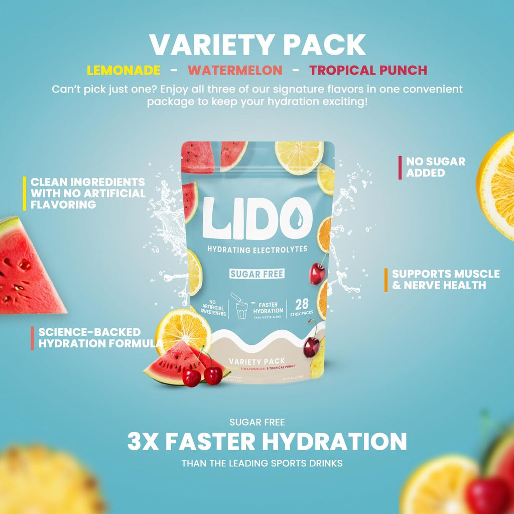 LIDO Electrolyte Powder Packets — Zero Sugar Hydration Drink Mix Packets with Trace Minerals & Sea Salt — Vegan, Keto, Paleo & Fasting Friendly — Variety Pack for Replenishment & Energy, 28 Sticks