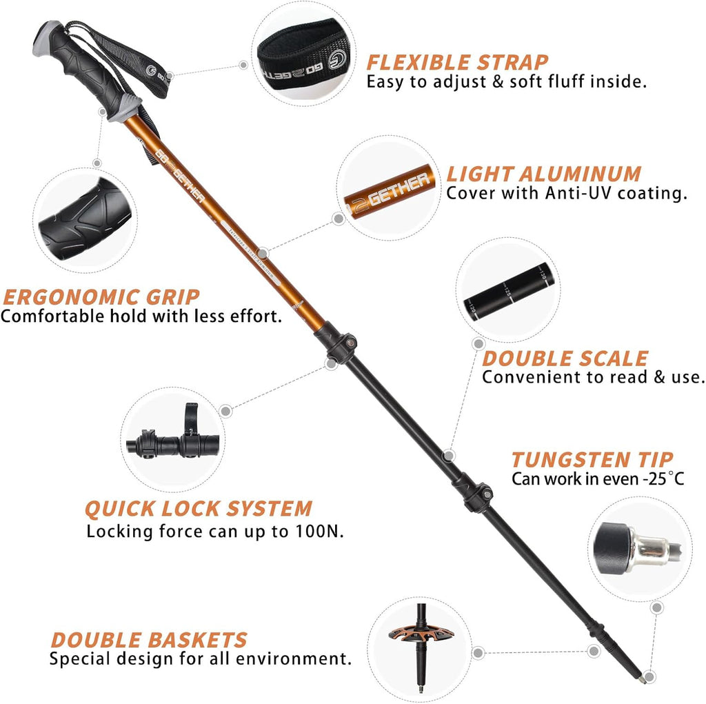 G2 GO2GETHER Aluminum Trekking Poles - Quick Adjustable Locks, Comfort Handle, Padded Strap, Snow Baskets - Walking Sticks Suitable for Hiking, Walking