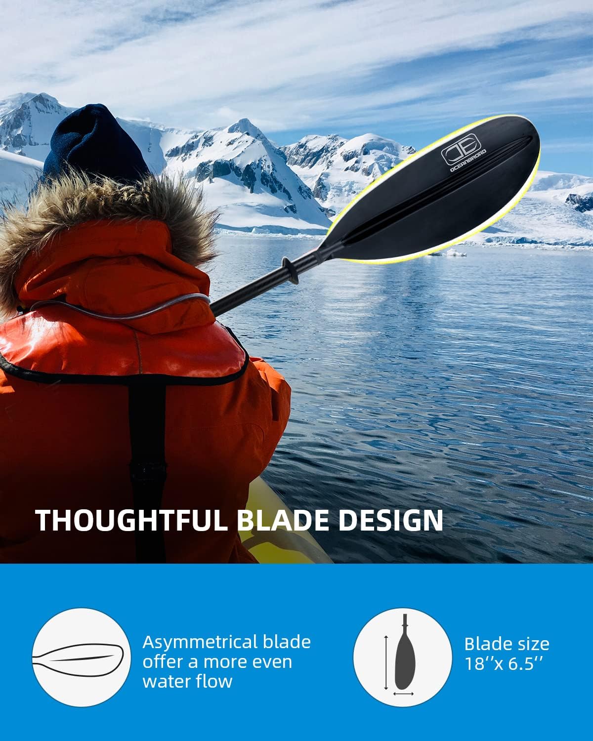 OCEANBROAD Carbon Fiber Kayak Paddle 90.5in/230cm, 86in/218cm for Adults Kayaking Boating Canoeing Oar with Paddle Leash