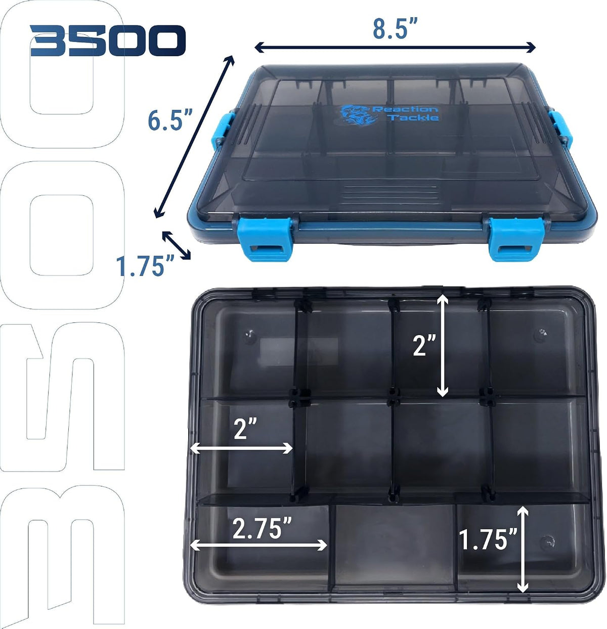 Reaction Tackle Standard Tackle Trays, Plastic Tackle Box Organizers with Four Secure Latches, Removable Dividers and Semi Transparent Lid for Fishing Storage - 3500 (2-Pack)