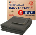 Tarps Now 5x7 Ft Fire Retardant Canvas Tarp with Brass Grommets - 27 Mil Industrial Grade Heavy Duty Tarp for Camping, Construction, Residential, and Agriculture - 16oz, Olive Drab