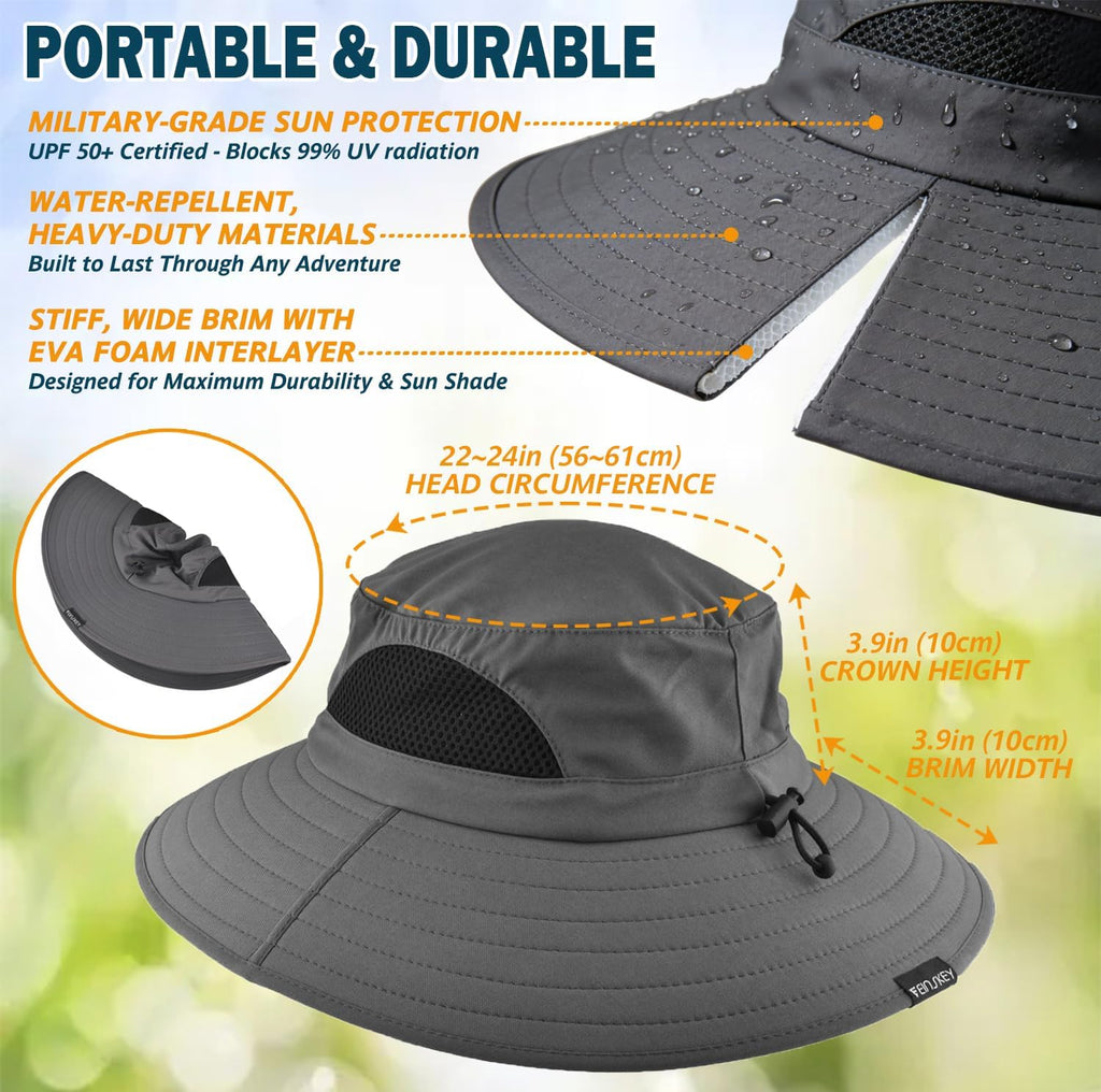 Wide Brim Sun Bucket Hat, Waterproof Boonie Hat for Men & Women
