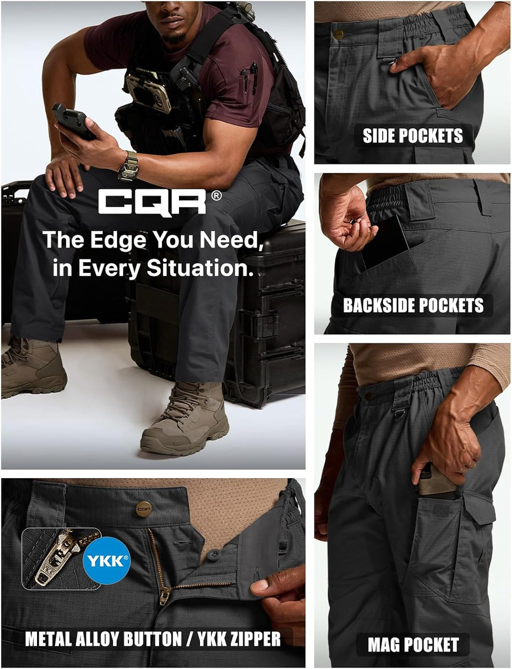 CQR Men's Tactical Pants, Water Resistant Ripstop Cargo Pants, Lightweight EDC Work Hiking Pants, Outdoor Apparel