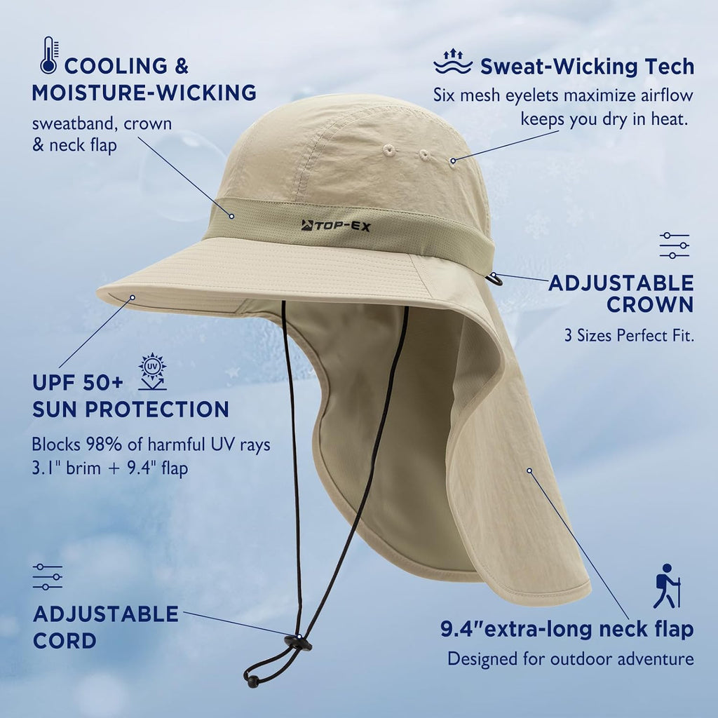TOP-EX UPF 50+ Cooling Wide Brim Sun Hat for Men with Neck Flap, Packable