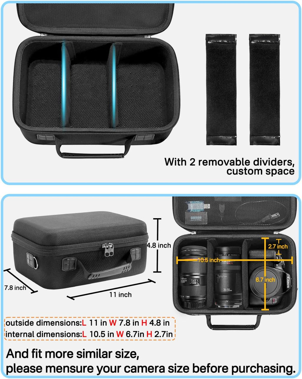 RAIACE Hard Carrying Case Compatible with Canon EOS Rebel T7/ T100/ T6/ R100/ R50/ R5/ R7/ R8, for Sony, for Nikon Camera. Large Capacity Camera Bag for Lens, Cables, Cards and Accessories. - Black
