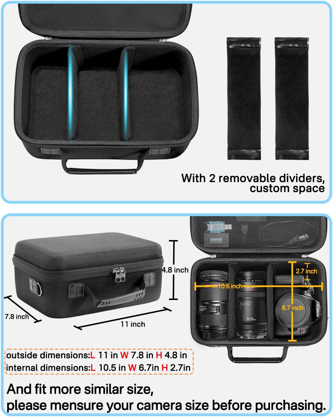 RAIACE Hard Carrying Case Compatible with Canon EOS Rebel T7/ T100/ T6/ R100/ R50/ R5/ R7/ R8, for Sony, for Nikon Camera. Large Capacity Camera Bag for Lens, Cables, Cards and Accessories. - Black