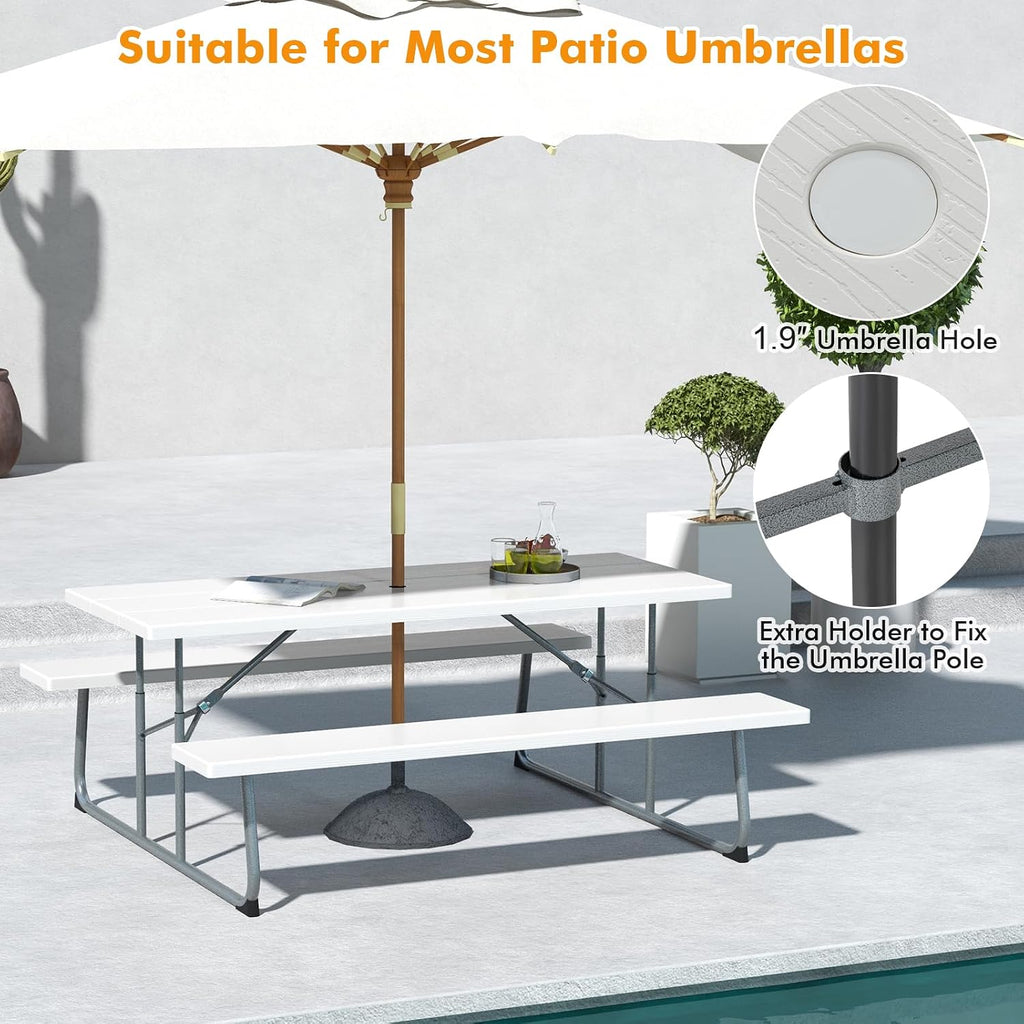 Tangkula 6 Ft Folding Picnic Table, Outdoor 8 Person Large Picnic Table Set with 2 Built-in Benches, Umbrella Hole, Metal Frame & HDPE Tabletop for Garden, Backyard (White)
