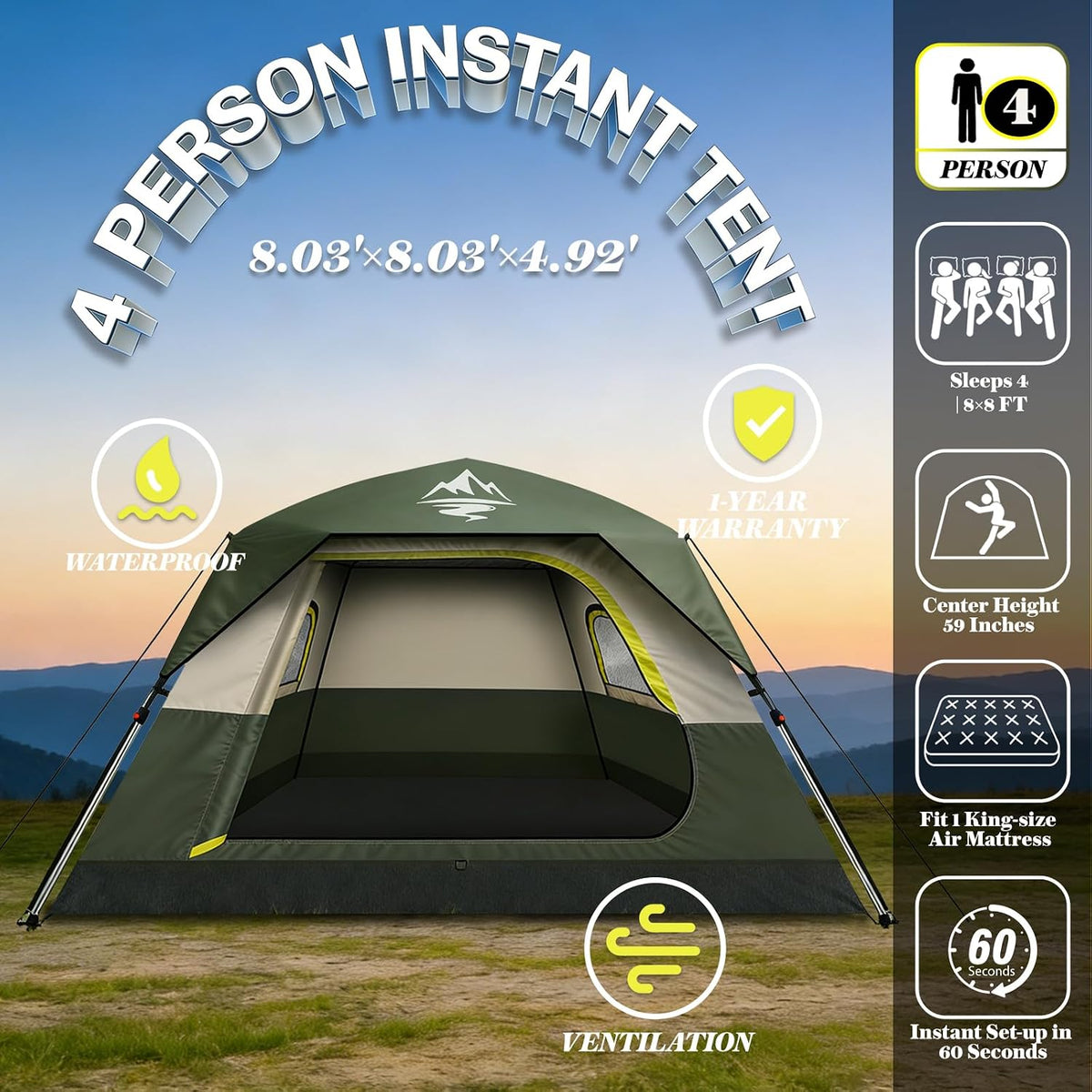 Camping Tent 2/3/4 Person Instant Pop Up Tents for Camping