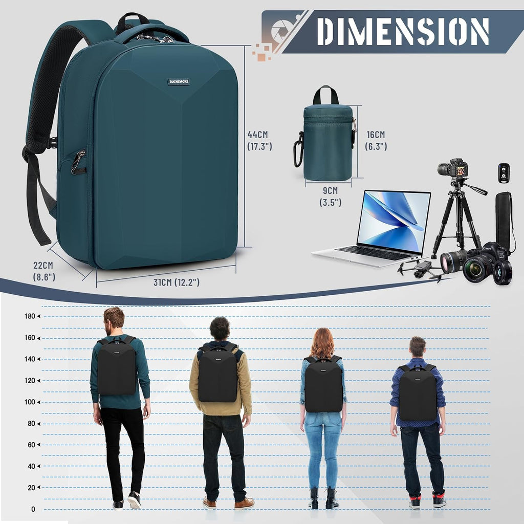 RAINSMORE Camera Backpack Hard Shell for DSLR/SLR Waterproof Camera Bag with Laptop Compartment 15.6 Inch Professional Camera Case with Rain Cover Photography Backpack Bag with Camera Lens Case Green