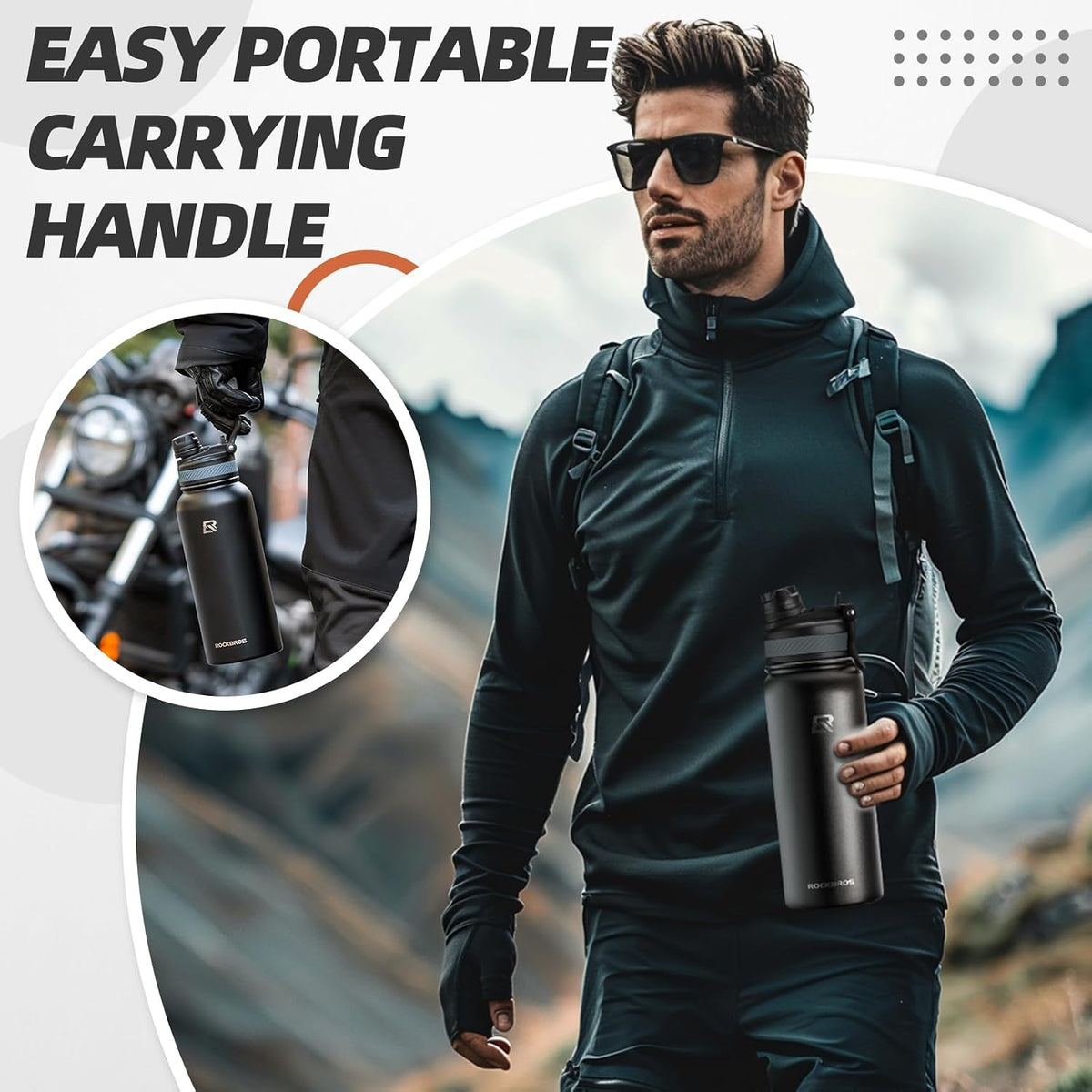 ROCKBROS Insulated Water Bottle with Straw, Stainless Steel Sports Bottle