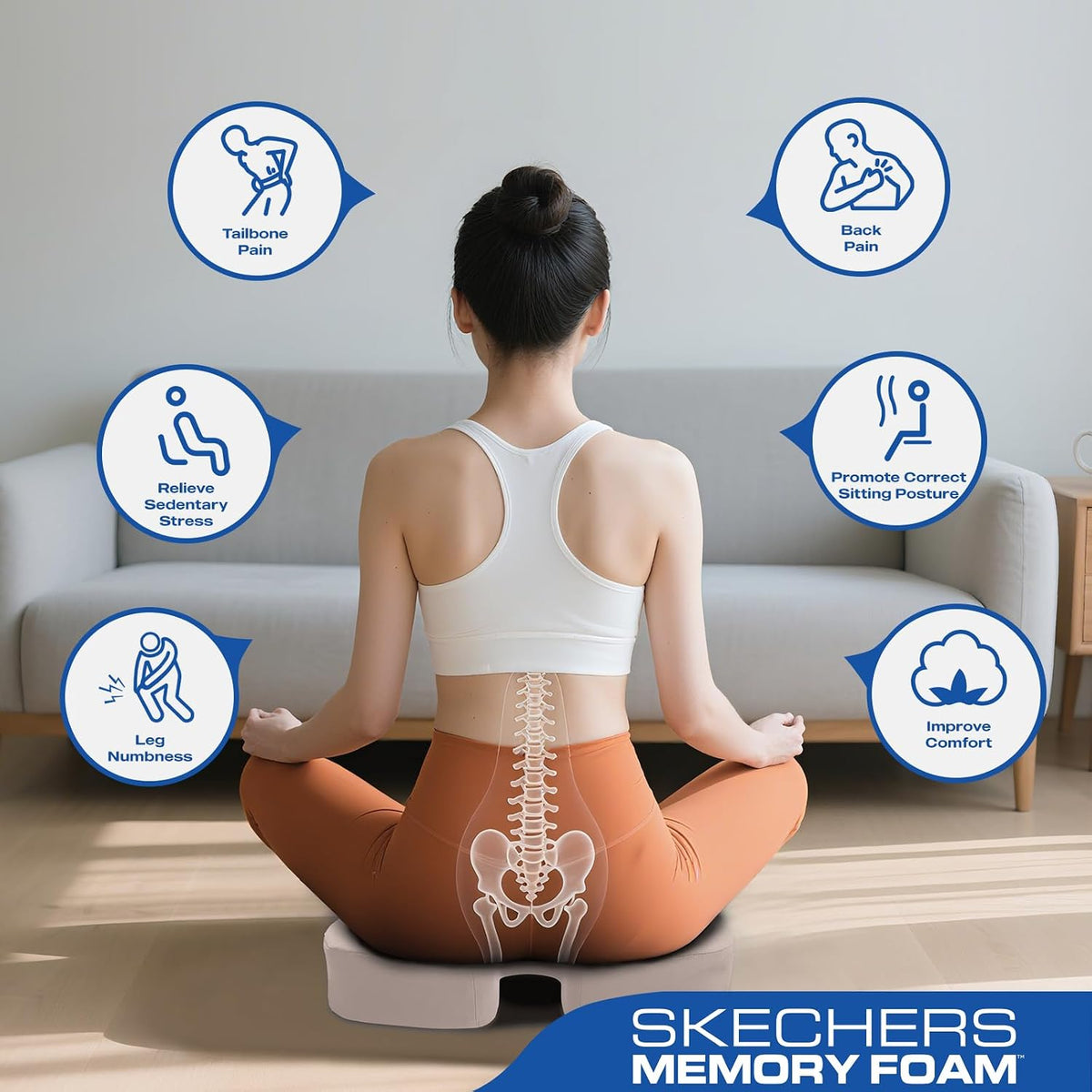 Skechers Seat Cushion, Ergonomic Memory Foam Cushion for Long Sitting Hours on Office & Home Chair, Car Seat Cushion for Sciatica, Coccyx Cushion,Beige