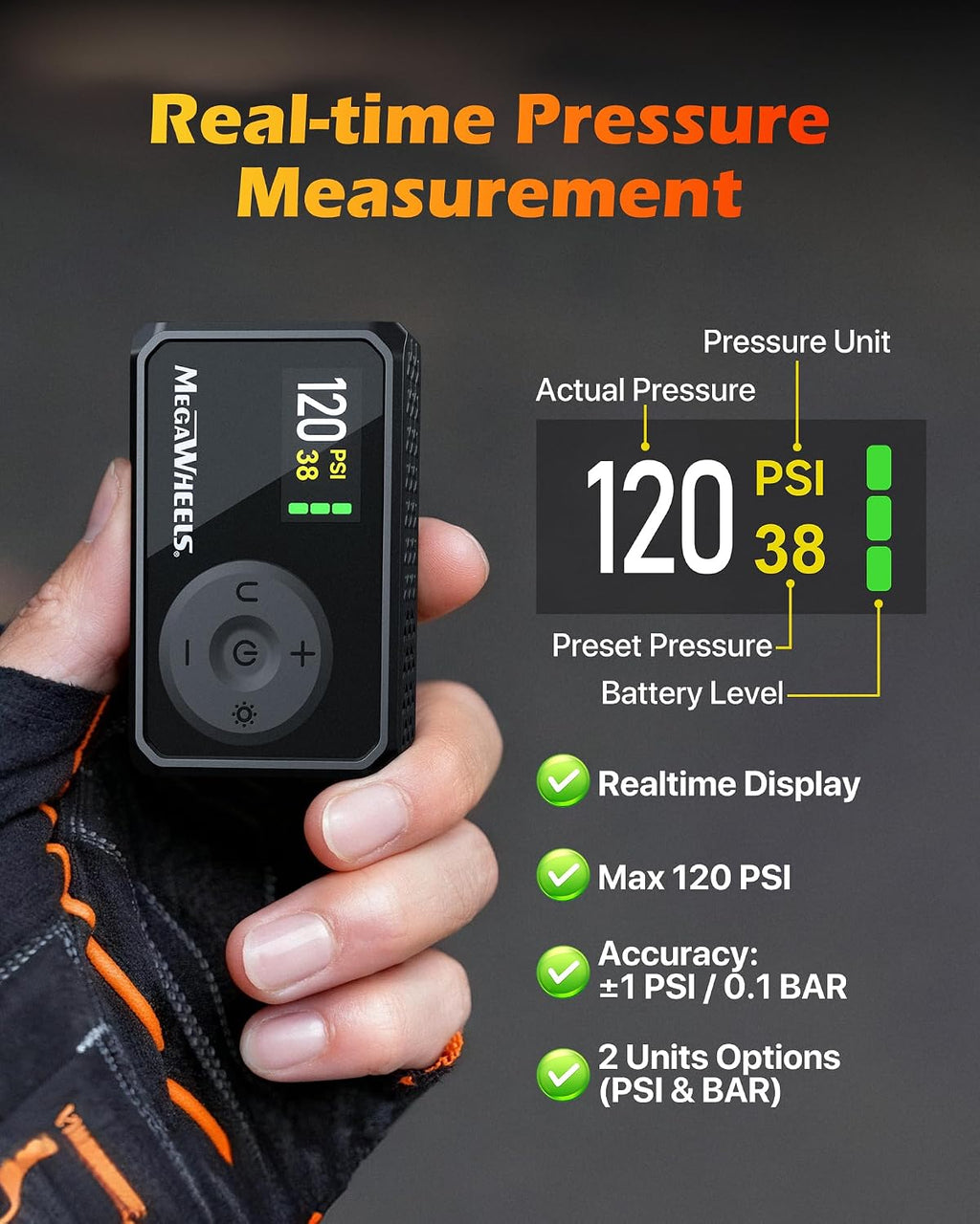 MEGAWHEELS Mini Bike Pump with Gauge, 120/150PSI Bike Tire Inflator with Presta & Schrader Valve, Portable Electric Air Pump Auto Stop, Fast Inflation for E-Bike, Mountain Bike, Scooter, Balls